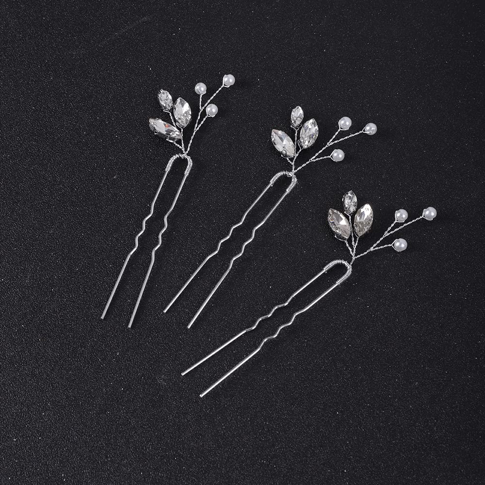 Jumwrit Silver Pearl Rhinestone Wedding Hair Pins - Handmade Bridal Hair Accessories Set of 3 for Women & Girls - Perfect for Weddings, Proms, and Special Occasions