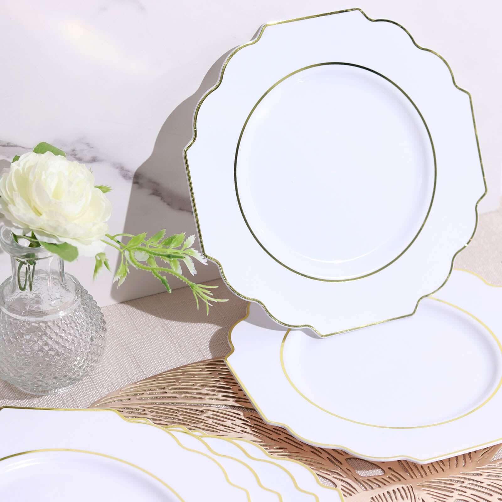 Efavormart 10 Pack 8 Inch White Plastic Dessert Plates - Disposable Gold Rim Baroque Style Salad Plates for Parties, Weddings & Elegant Events
