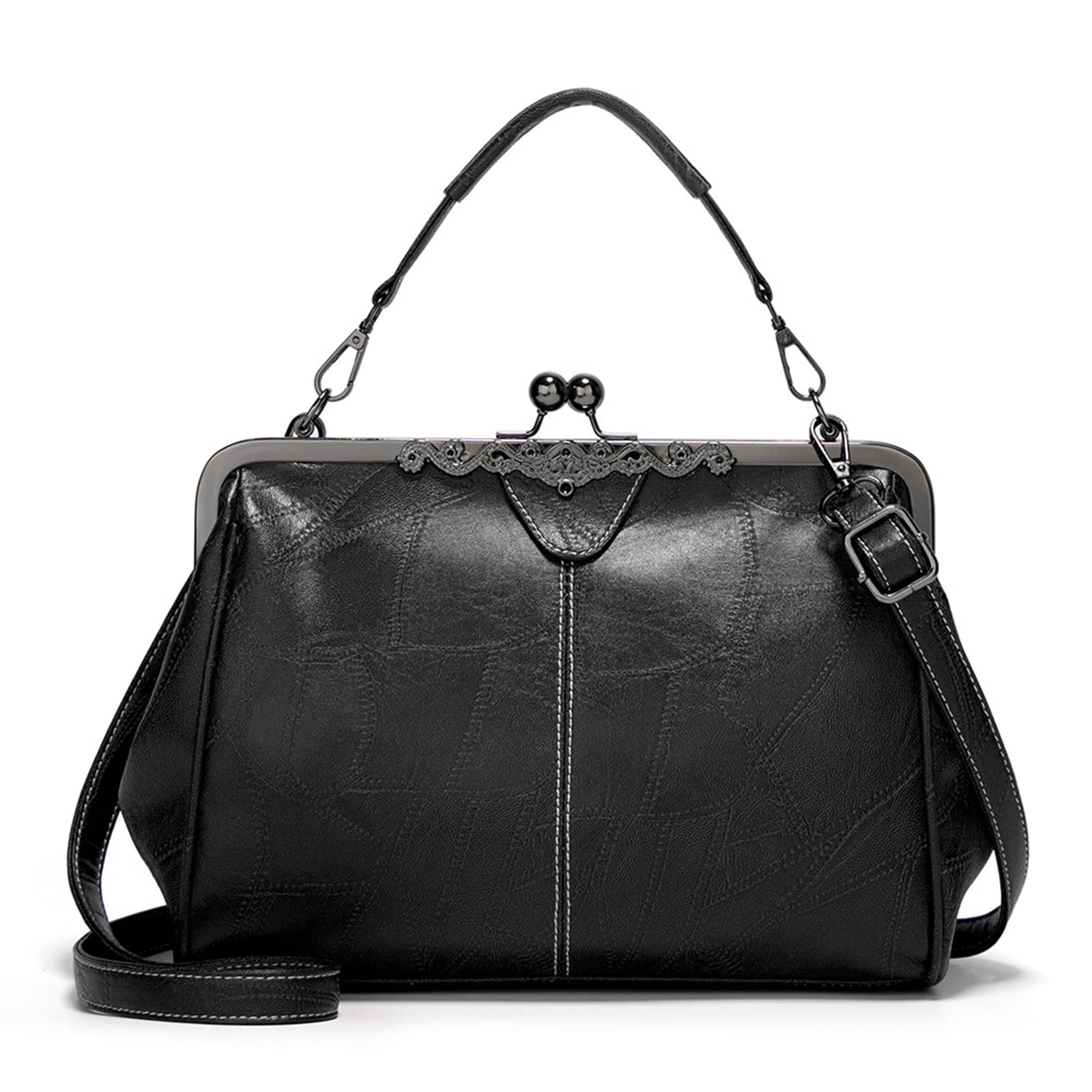 Vintage Women's Kiss Lock Handbag - Oil Leather Evening Clutch Purse & Tote Satchel for Parties, Weddings & Formal Events