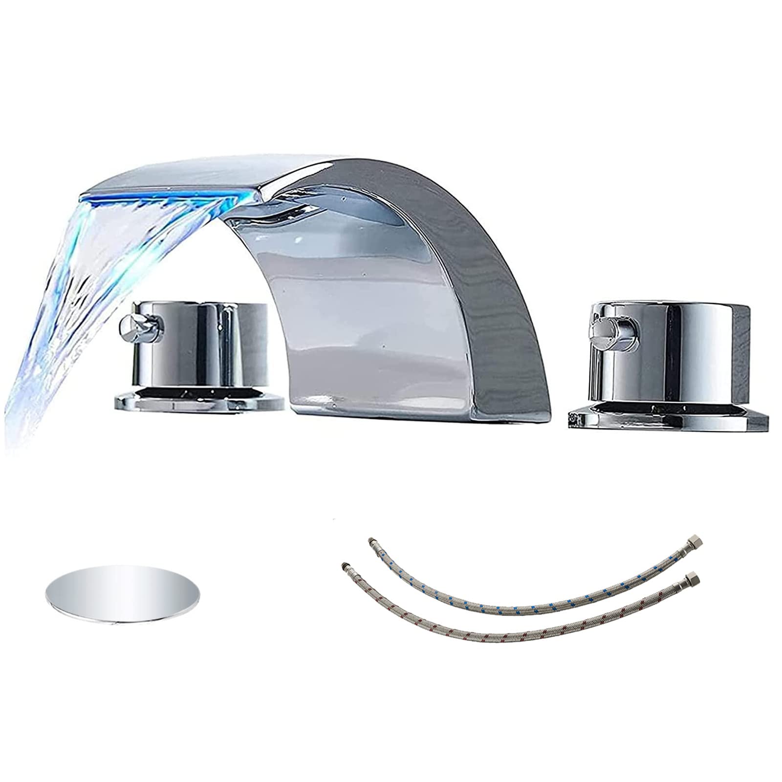 Modern LED Waterfall Bathroom Faucet - Chrome 3-Hole Sink Tap with Drain for Home & Commercial Use
