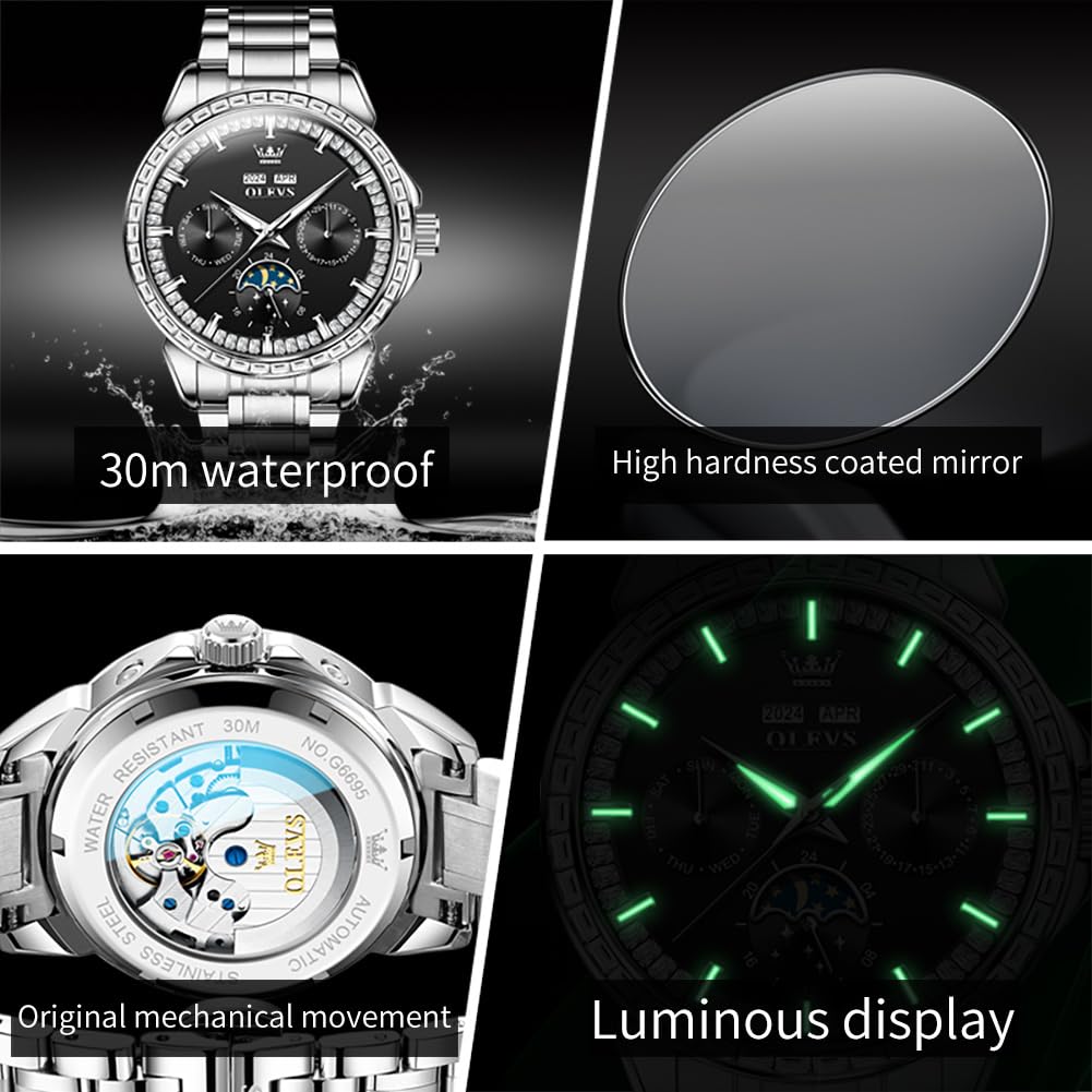 OLEVS Luxury Men's Automatic Self-Winding Watch - Diamond Accent Stainless Steel Multi-Function Calendar Watch with Waterproof & Luminous Features | Perfect for Business, Formal Events & Everyday Wear