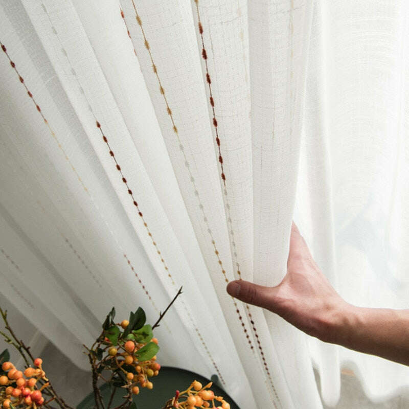 Rémy Colorful String Rain Stitched Semi-Sheer Curtains - White Window Drapes for Living Room, Bedroom & Nursery Decor