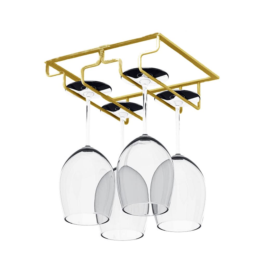 Premium Wrought Iron Under Cabinet Wine Glass Holder - 2 Rows Gold Hanging Goblet Rack for Kitchen, Bar & Dining Room | Space-Saving Glassware Storage Solution for Home Entertaining