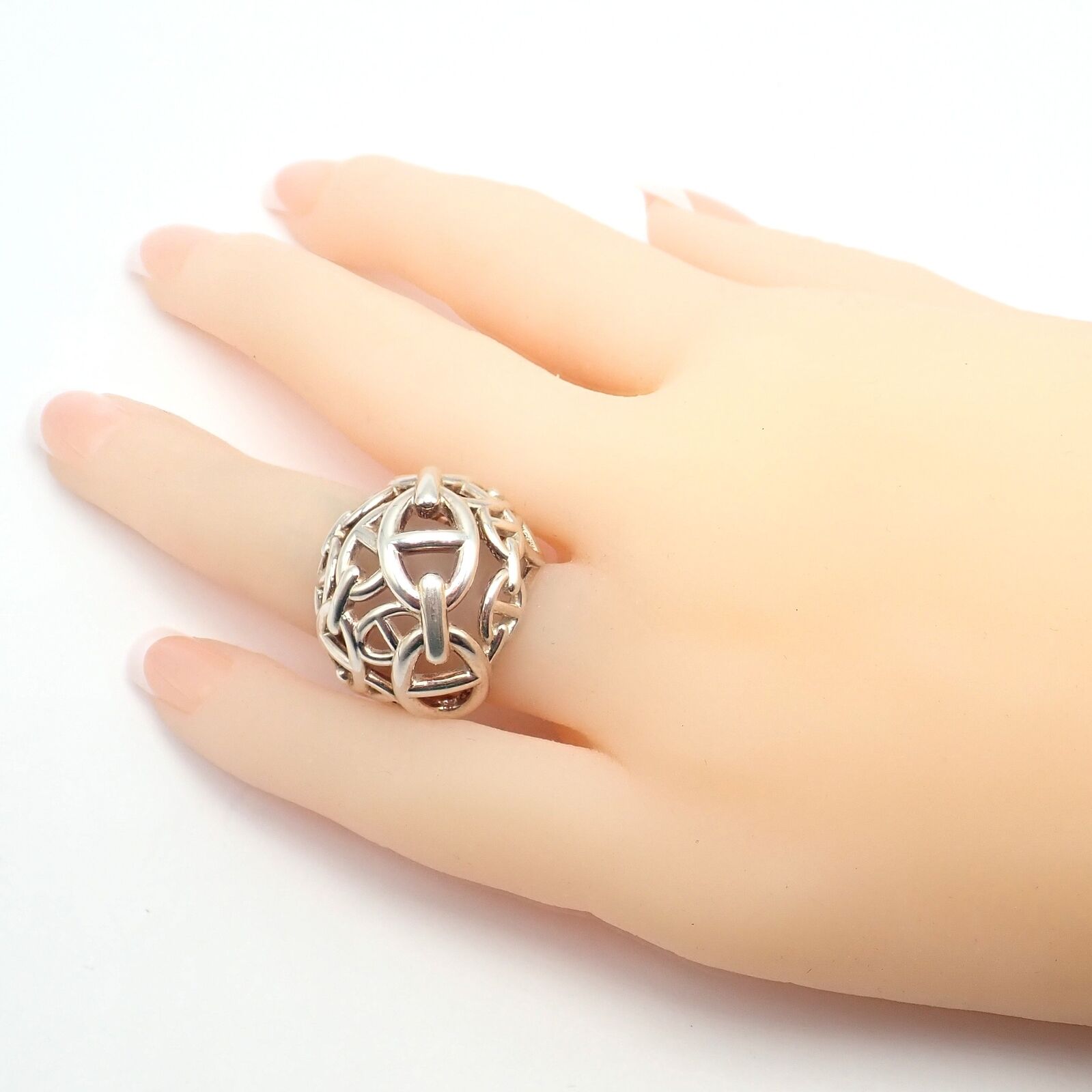 Authentic Hermes Sterling Silver Large Chaine D'anchre Dome Ring Size 4.5 - Luxury Jewelry for Women, Perfect for Parties, Weddings & Special Occasions