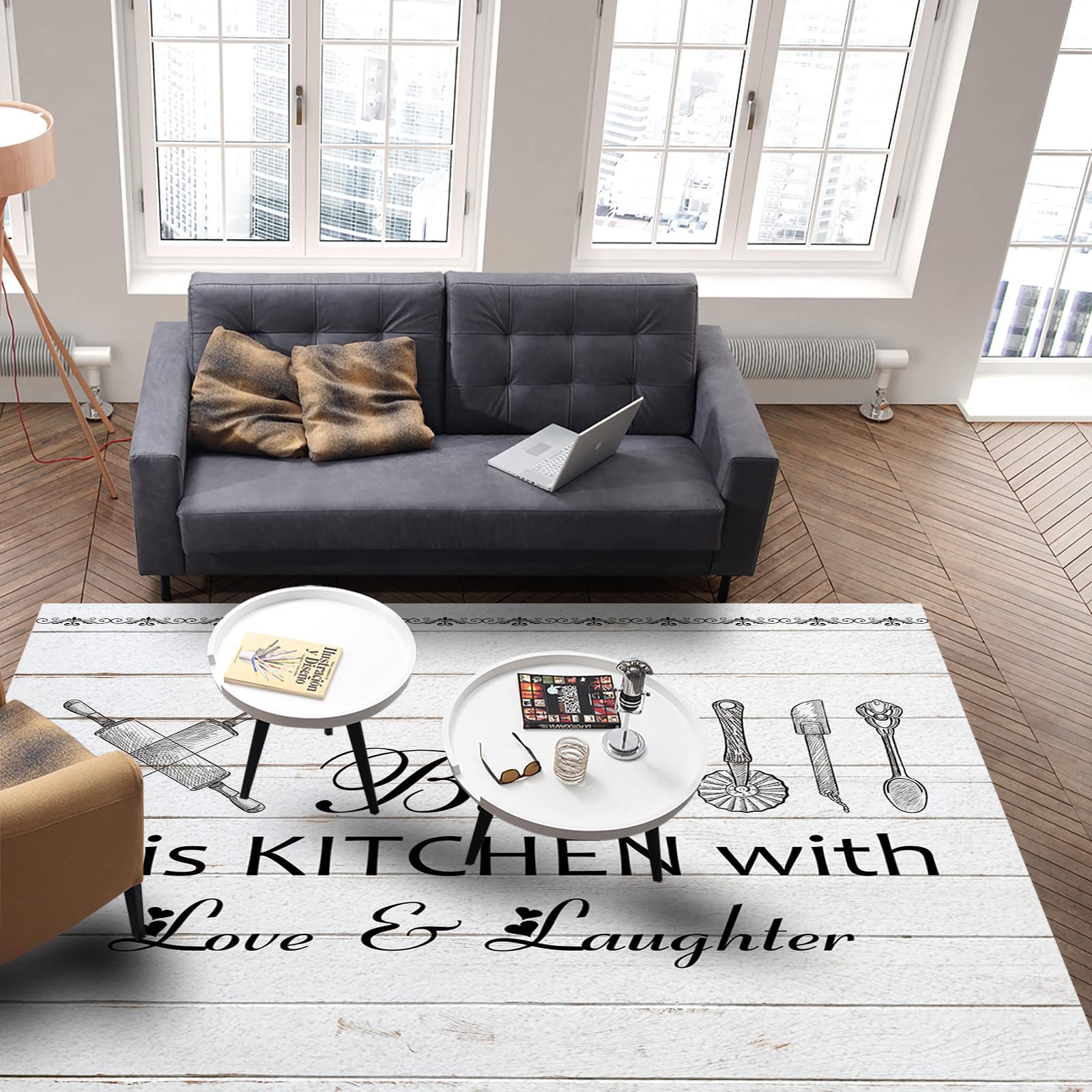 3'x5' Non-Slip Farmhouse Area Rug - Kitchen Utensils Design, Soft Carpet Runner for Bedroom, Living Room & Kids Room | Perfect Floor Cover Mat for Home Decor | Bless This Kitchen Wooden Pattern | Ideal for Cozy Spaces, Entryways & Dorm Rooms