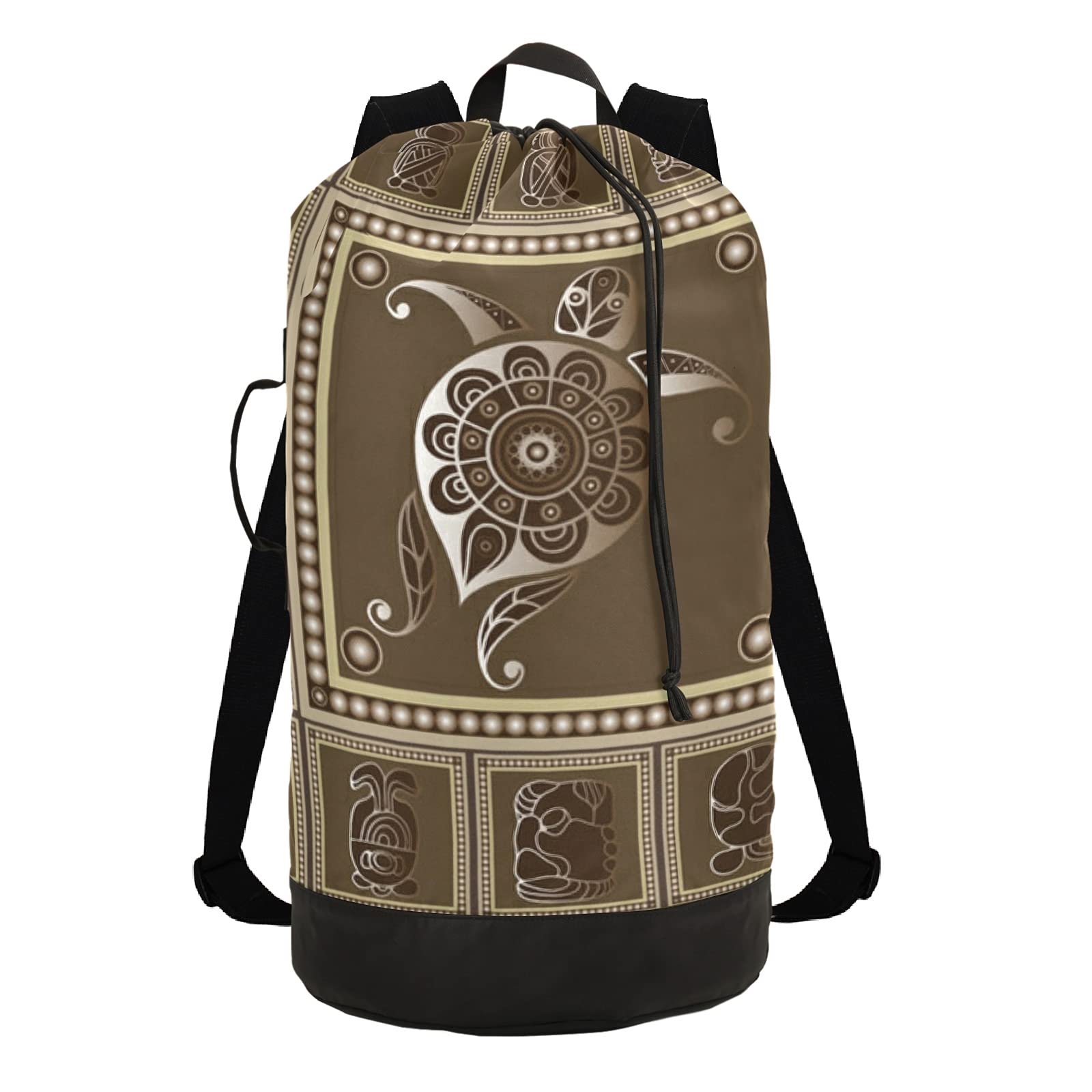 Turtle Ethnic Laundry Backpack - Heavy Duty Foldable Laundry Bag with Adjustable Shoulder Straps for Travel, Laundromat & Home Storage | Perfect for College Dorms, Camping & Gym Use