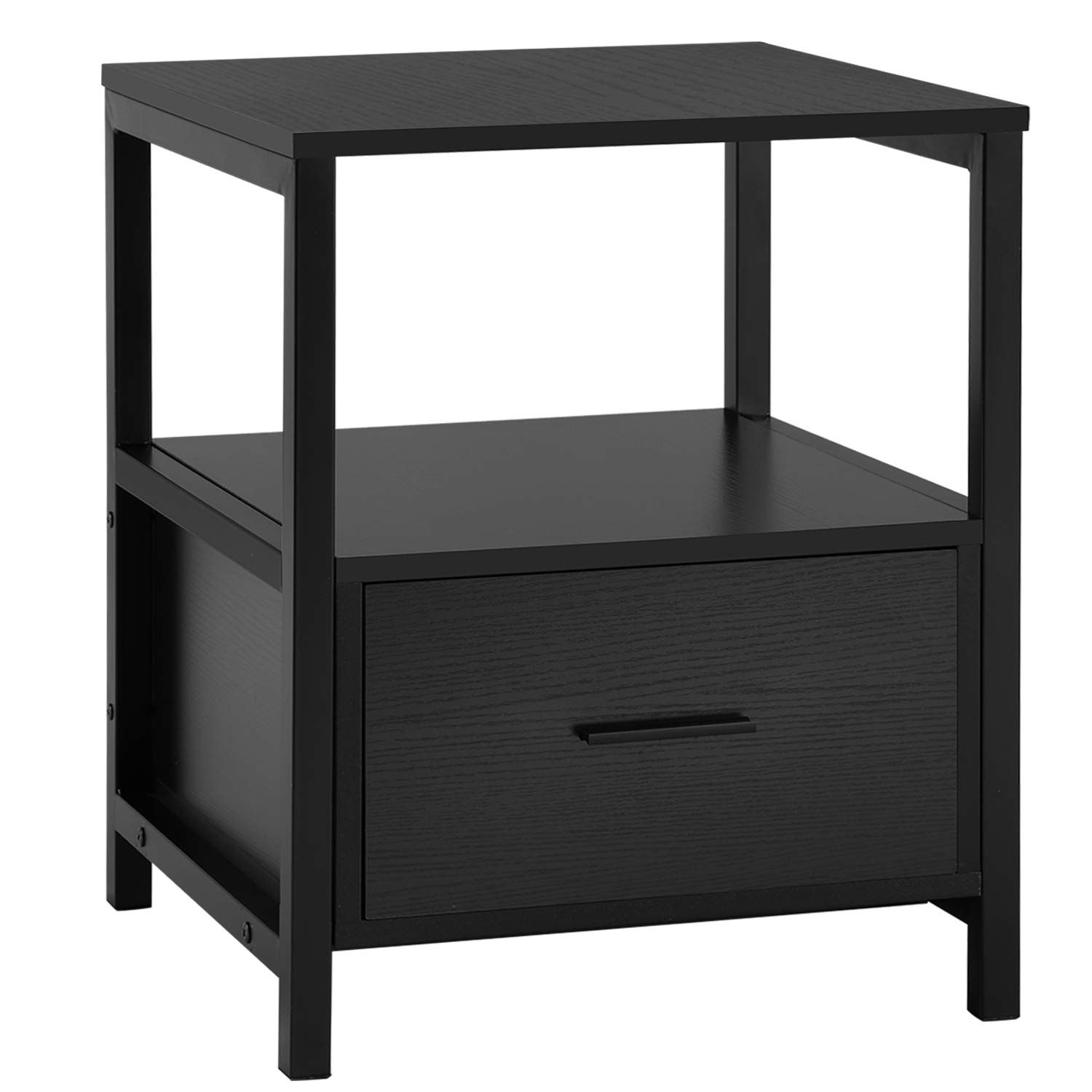 Modern Nightstand with Drawer - Square End Side Table for Bedroom & Living Room - Small Space Night Stand with Open Shelf - Sturdy Metal Frame - 1 Pack Black - Perfect for Apartment, Dorm, Guest Room & Nursery