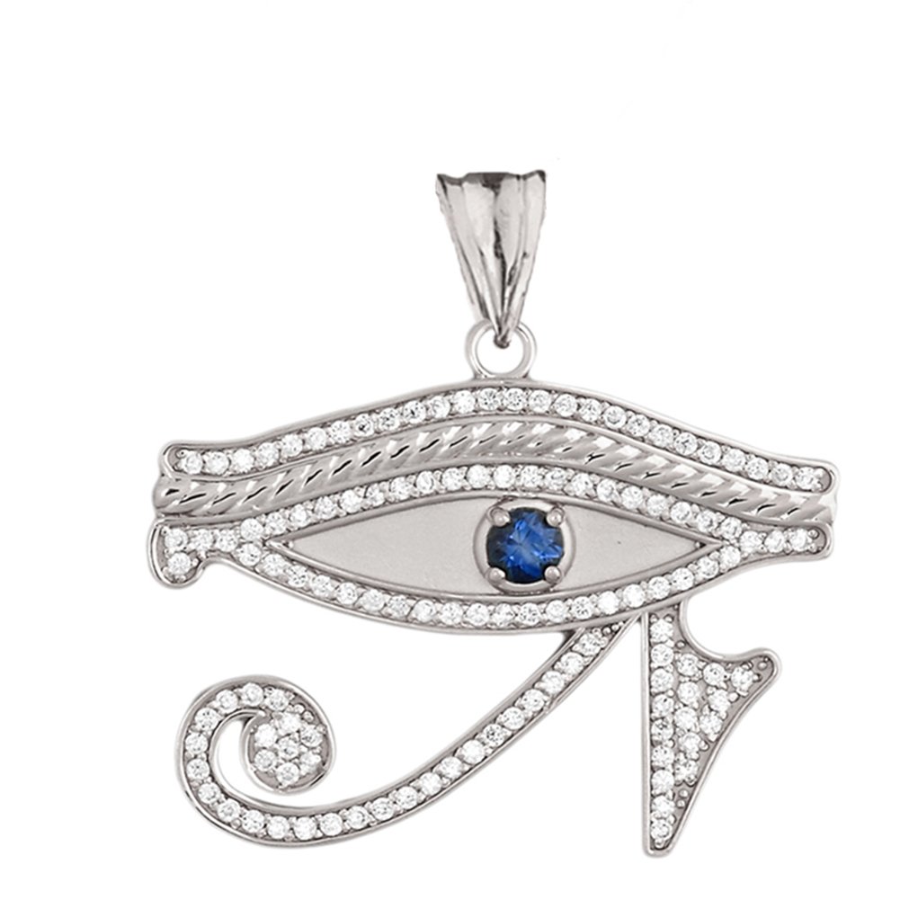 14K White Gold Diamond Egyptian Eye of Horus Necklace with Sapphire Center Stone - Elegant Jewelry Gift for Women, Perfect for Weddings, Anniversaries & Special Occasions