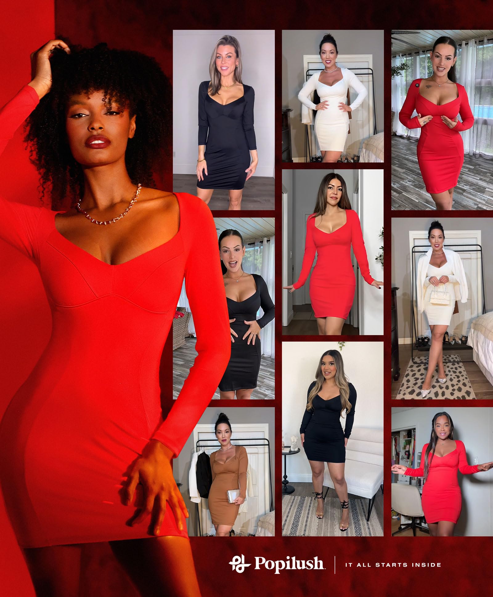 Popilush Women's Shapewear Dress - Long Sleeve Sweetheart Neckline Bodycon Mini Dress with Tummy Control | Thermal Red | Perfect for Work, Party & Date Night Outfits