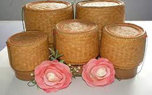 Handmade Thai-Lao Bamboo Sticky Rice Steamer Basket Set - 5-Piece Traditional Kitchen Cookware for Perfect Sticky Rice & Steaming Vegetables | Ideal for Asian Cooking, Camping & Outdoor Picnics