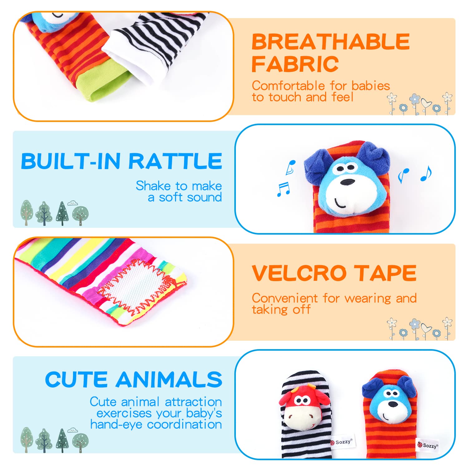 Koty Baby Wrist Rattles & Foot Finder Toys Set - Newborn Infant Rattle Socks, Arm Bracelet, Ankle Socks for Boys & Girls (Dog & Cow Design) - Perfect Sensory Toys for Early Development & Playtime Gifts