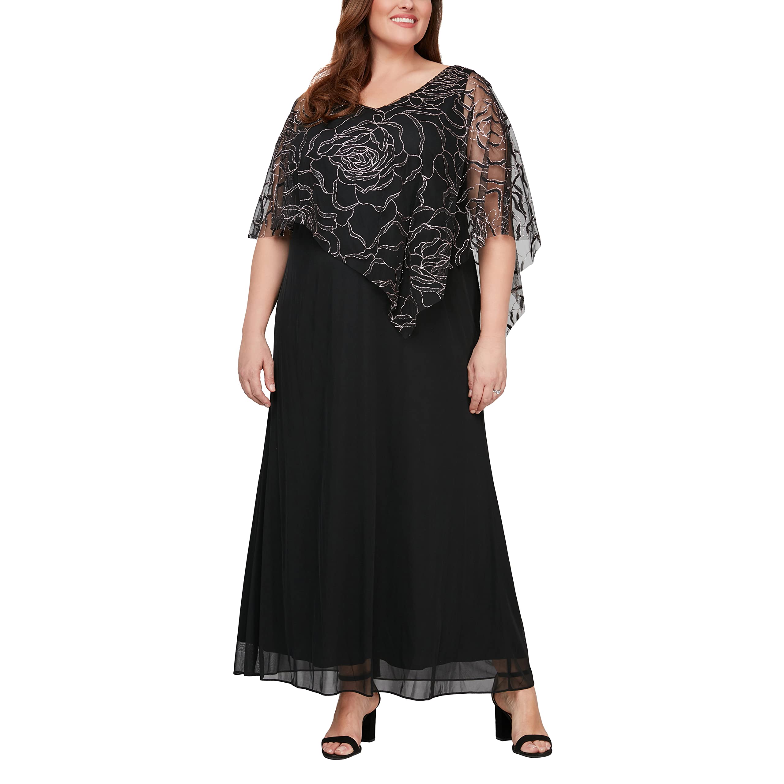Elegant Plus Size Long Floral Shimmer Cape Gown for Women | Formal Evening Dress for Wedding Guest & Special Occasions | Perfect for Prom, Cocktail Party & Black Tie Events