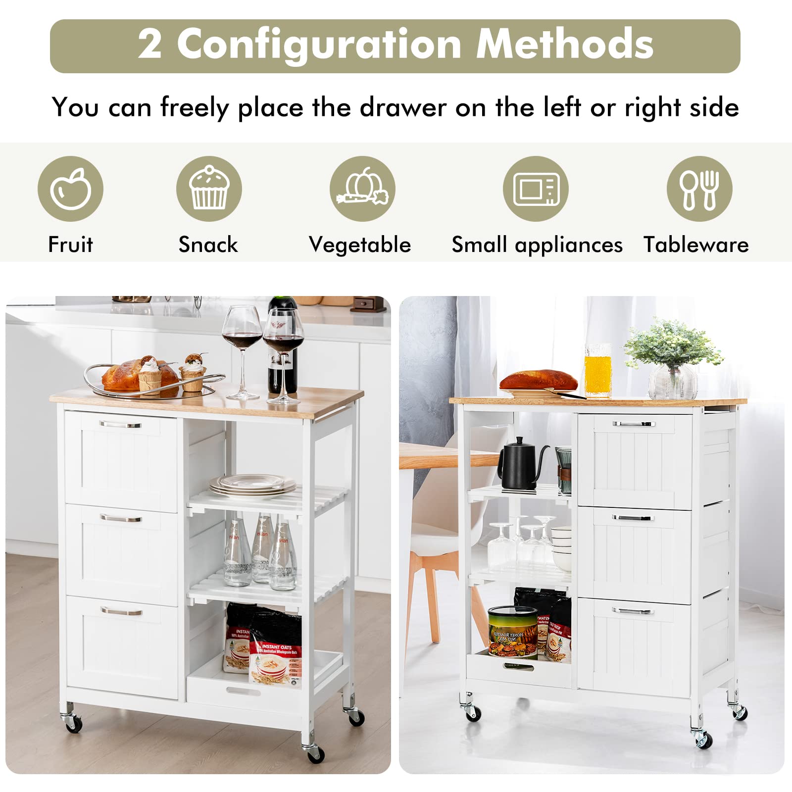PETSITE White Kitchen Island Cart with Wheels - Rolling Storage Cart with Drawers & Shelves for Small Spaces, Mobile Kitchen Organizer for Cooking, Baking & Entertaining - Perfect for Apartments & Small Kitchens