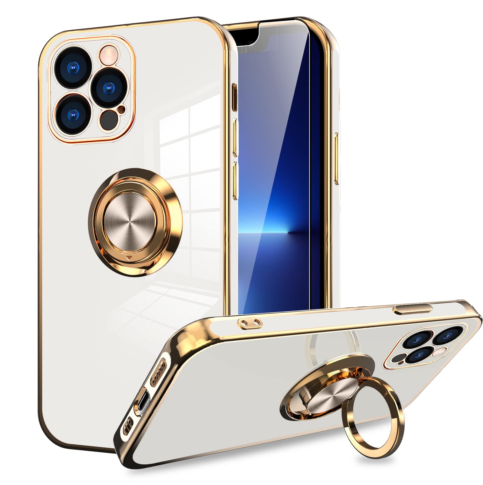 Magnetic iPhone 13 Pro Case 6.1 Inch with 360° Rotating Kickstand & Screen Protector - Shockproof Slim Bumper Cover, Soft Edges (White) | Perfect for Work, Travel & Everyday Protection