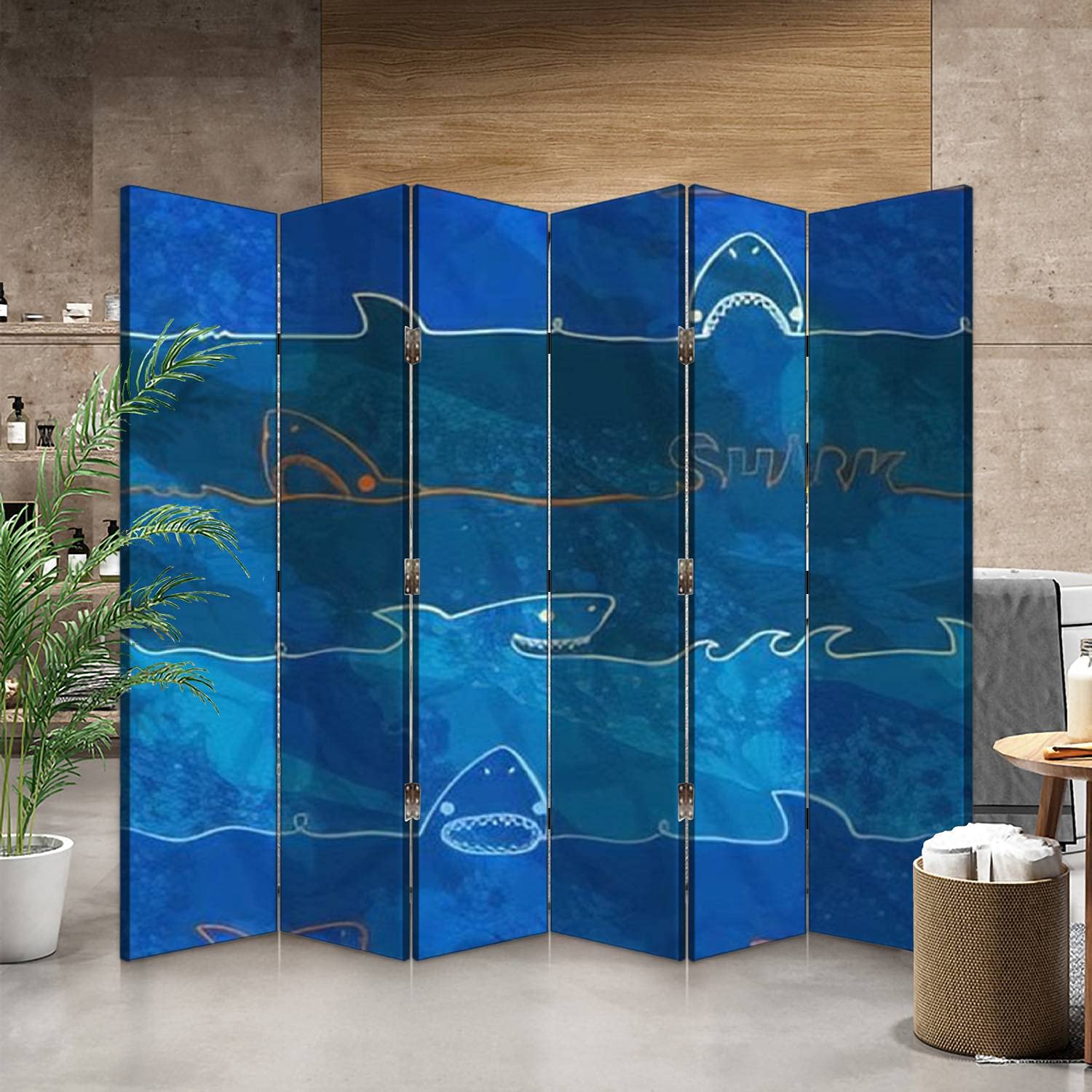 6-Panel Canvas Room Divider Screen - Abstract Shark Pattern Underwater Life Design in Grunge Blue | Folding Privacy Partition for Home, Office & Events | Perfect for Room Separation, Decoration & Space Organization