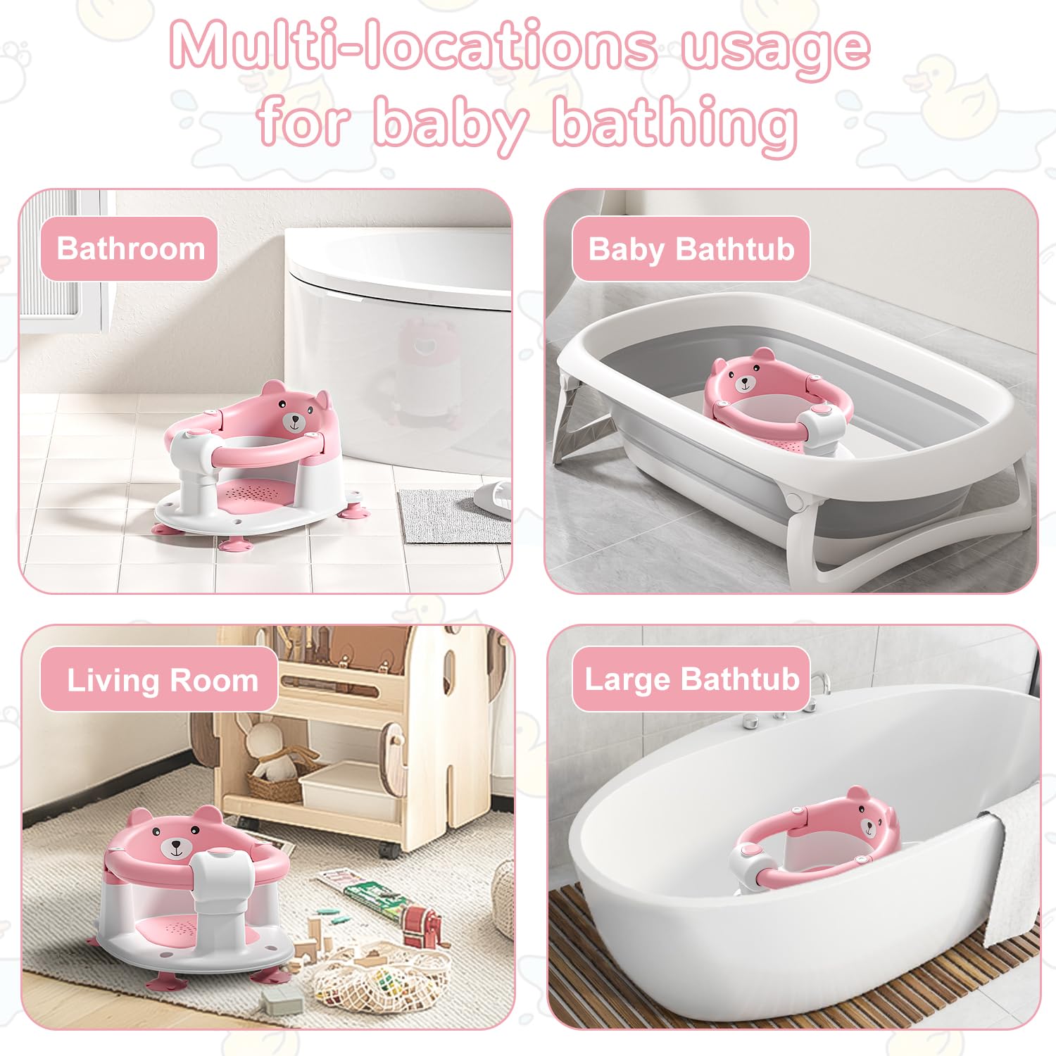 Non-Slip Baby Bath Seat for Infants 6-24 Months | Safe Toddler Bathtub Chair with 4 Suction Cups & Soft Cushion | Newborn Bathing Support for Sitting Up | Shower & Bath Time Safety Essential (Pink) - Perfect for Secure Bathing at Home or Travel