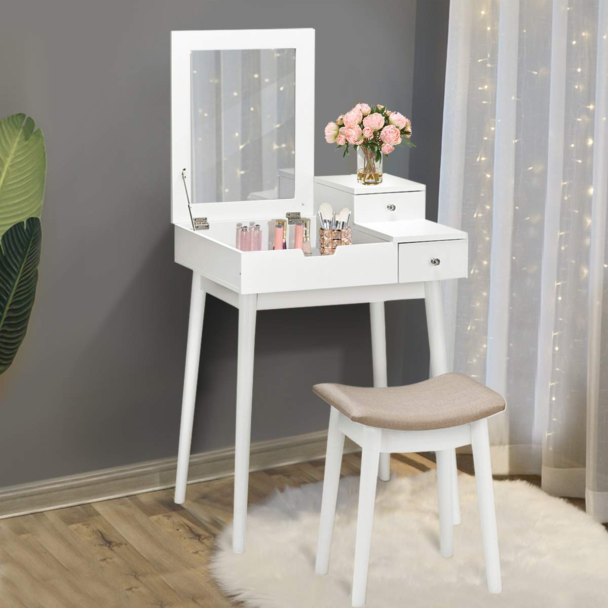 AUGESTER Vanity Dressing Set with Flip Top Mirror & Cushioned Stool - White Folding Makeup Desk with Large Storage for Bedroom, Bathroom | Perfect Vanity Table for Women & Girls | Ideal for Makeup, Dressing & Home Office Use (HW65961)