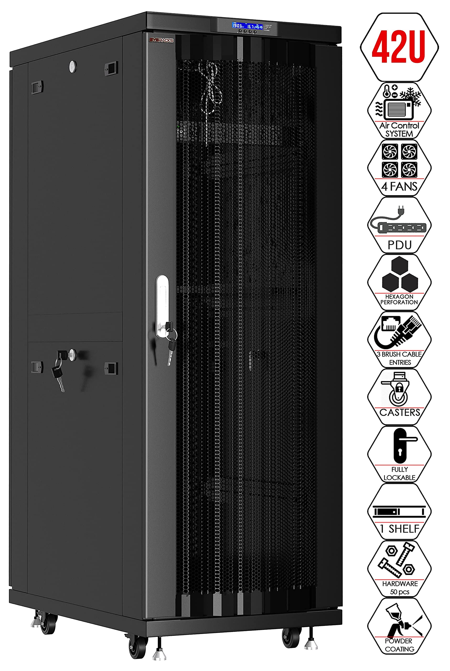 Sysracks 42U Server Rack Cabinet with Locking Doors - Heavy Duty Network Rack for Data Center, Office & Home Use - Includes Caster Levelers, Cooling Fan, Thermostat & PDU - Ideal for Server, AV & Networking Equipment Mounting