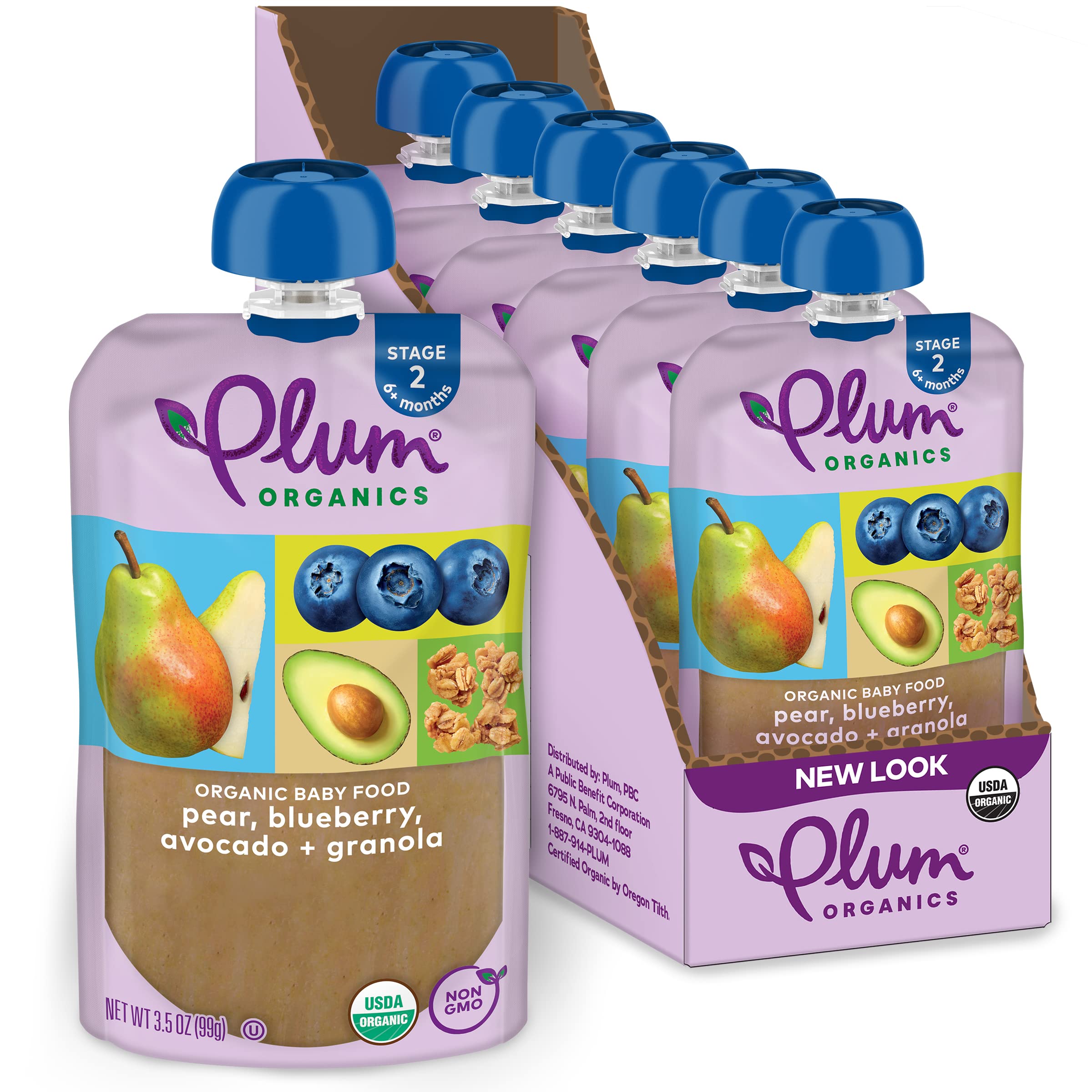 Organic Plum Stage 2 Baby Food Pouch - Pear, Blueberry & Avocado with Granola - 3.5oz (6 Pack) | USDA Certified Fruit & Vegetable Puree for Toddlers | On-the-Go Snack for Travel & Daycare