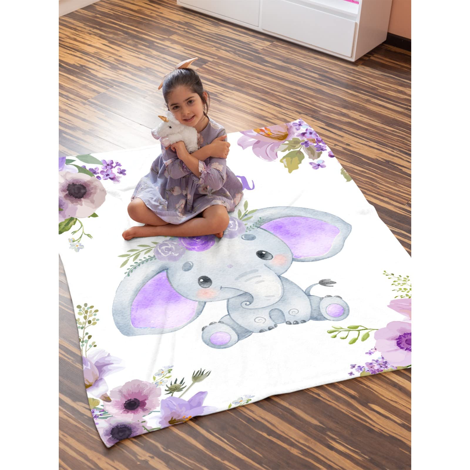 Personalized Custom Baby Blanket with Name - Purple Floral Elephant Design - Soft Fleece Flannel Blanket for Boys & Girls - Perfect Baby Shower Gift, Birthday Present for Daughter - Extra Large 120