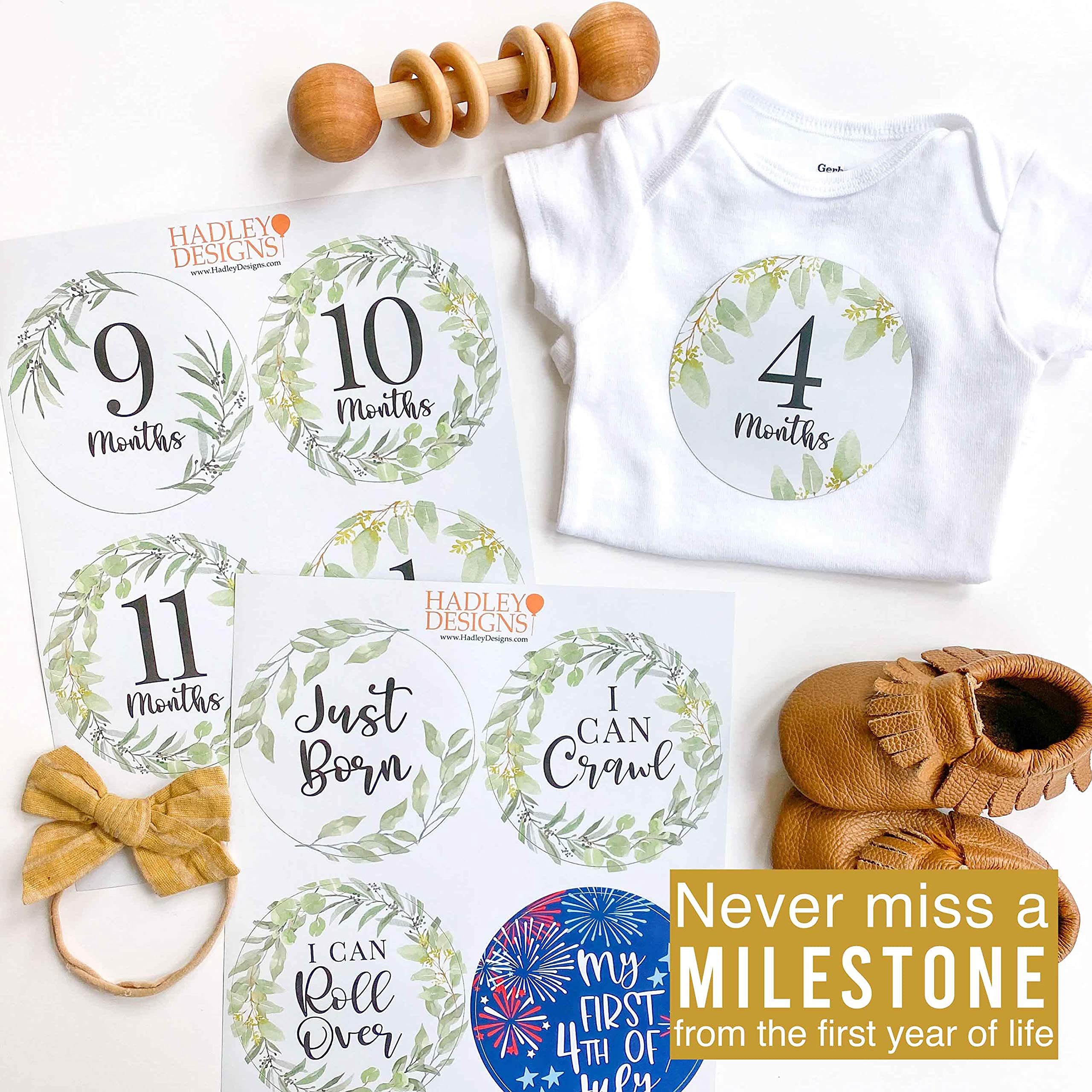 Hadley Designs 20 Pack Greenery Baby Monthly Milestone Stickers - Newborn Photo Props for First Year Memories | Perfect for Baby Shower Gifts, Monthly Photos, and Scrapbooking