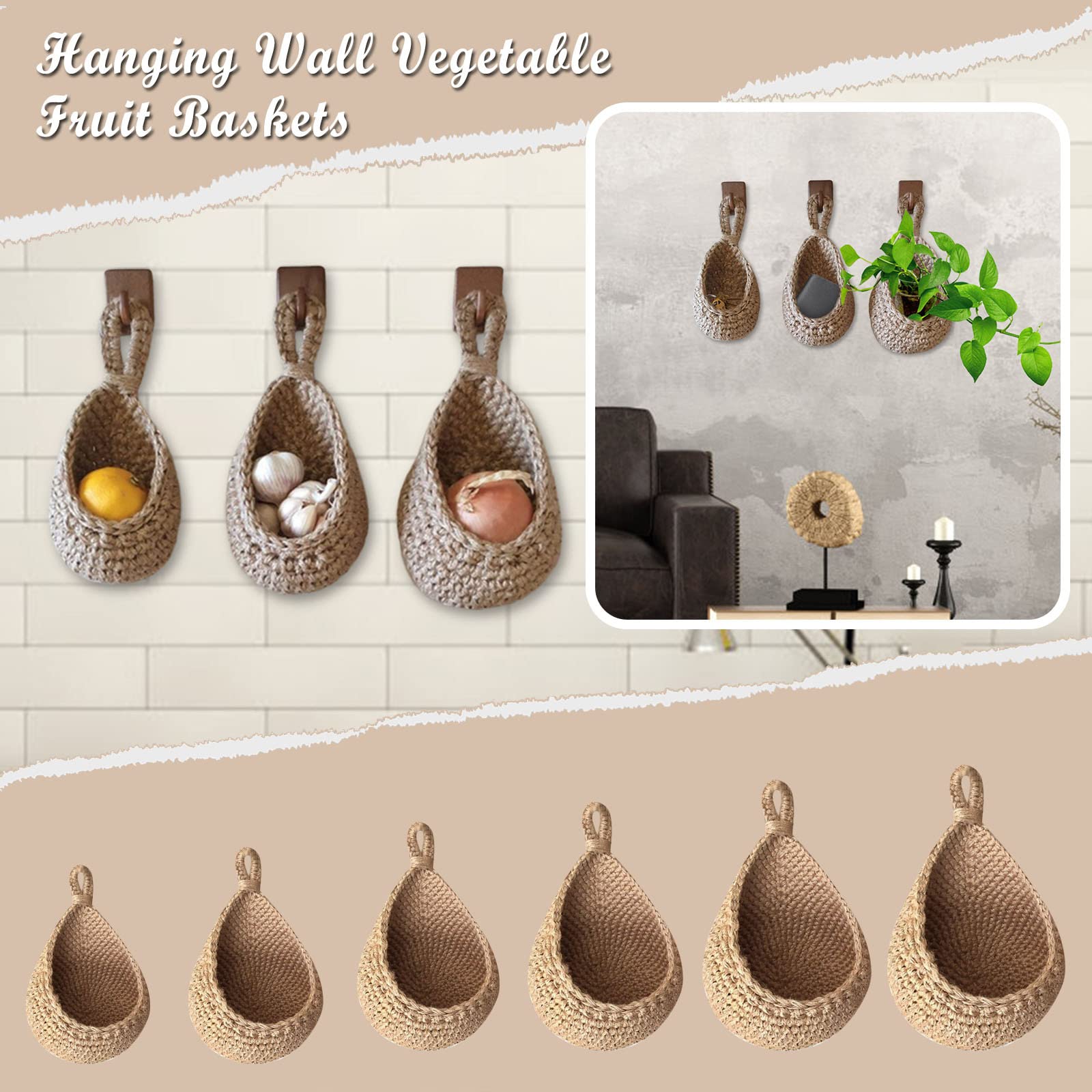 Bohemian Handwoven Jute Hanging Wall Basket - Eco-Friendly Teardrop Fruit & Vegetable Storage Organizer (18×31 CM) - Perfect for Kitchen, Pantry, and Farmhouse Decor