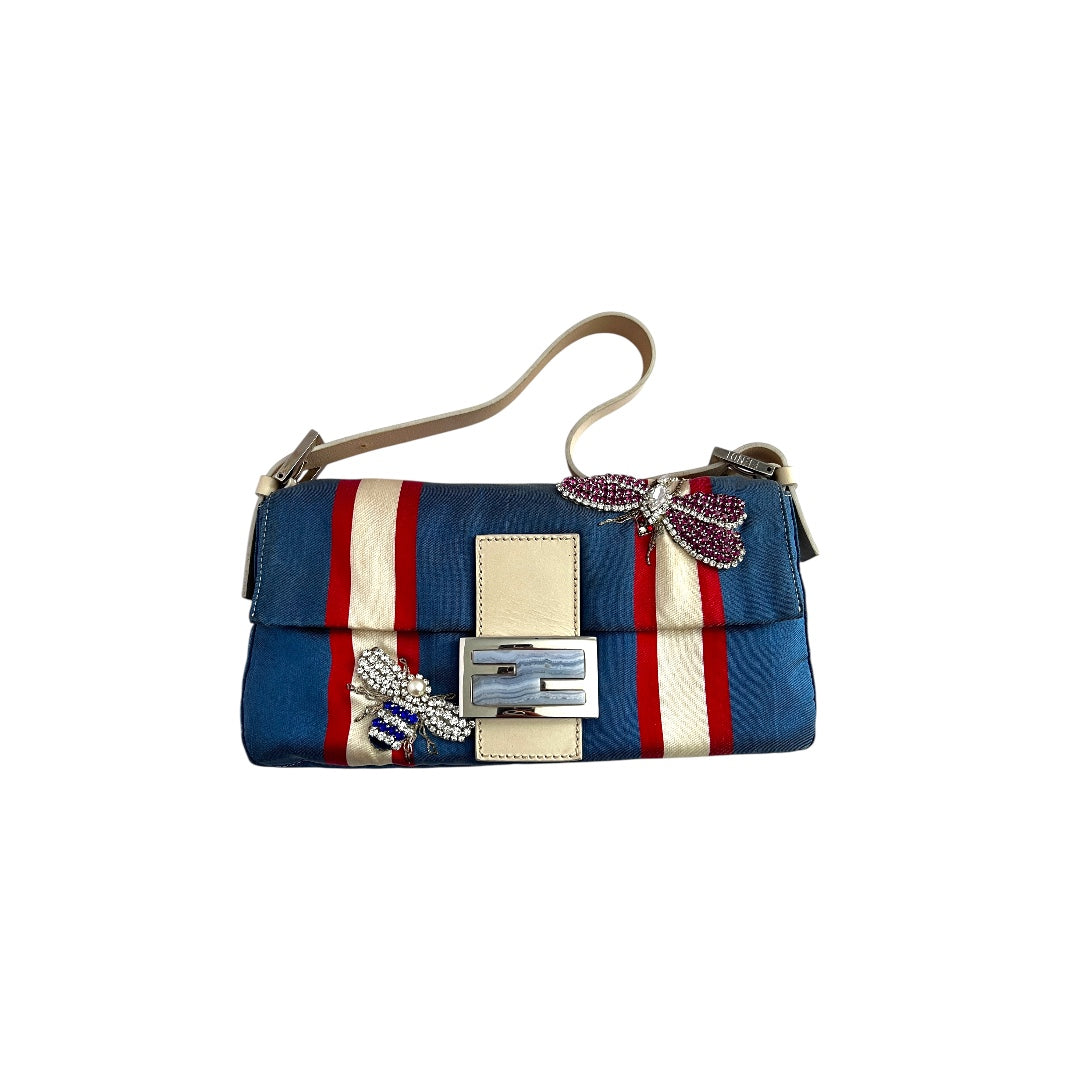 Vintage Fendi Striped Baguette Bag with Insect Motif - Stylish Crossbody Purse for Women, Perfect for Parties, Dates & Everyday Fashion