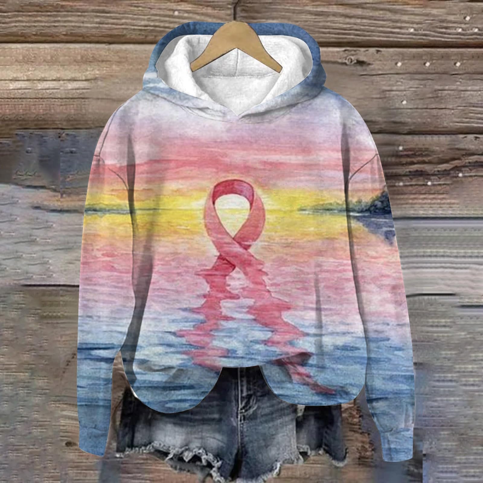 Women's Long Sleeve Breast Cancer Awareness Hoodie with Pink Ribbon Design - Comfortable Supportive Sweatshirt for Survivors, Fundraisers & Awareness Events