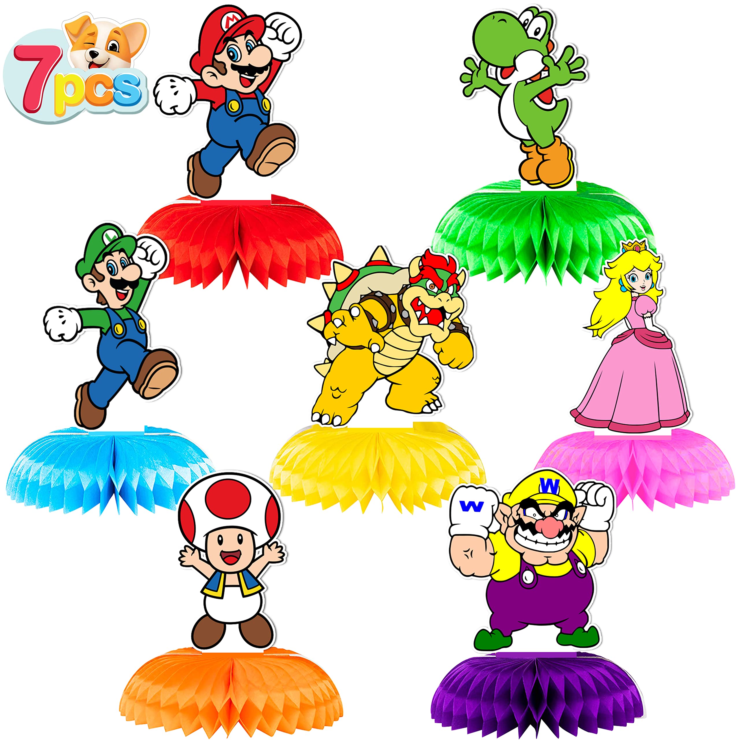 Super Mario Birthday Party Decorations - 7Pcs Double Sided Honeycomb Centerpieces for Mario Themed Party Supplies | Perfect for Kids Birthday, Game Night Decorations & Nintendo Themed Events