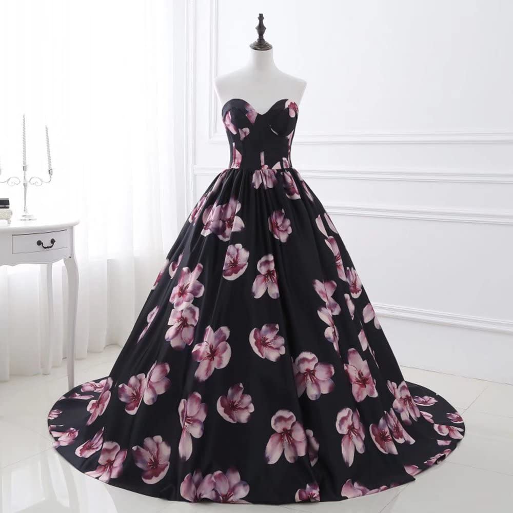 Elegant Floral Printed Sweetheart Prom Gowns for Women - Long Evening Dresses with Train for Brides & Formal Events | Perfect for Weddings, Proms & Special Occasions