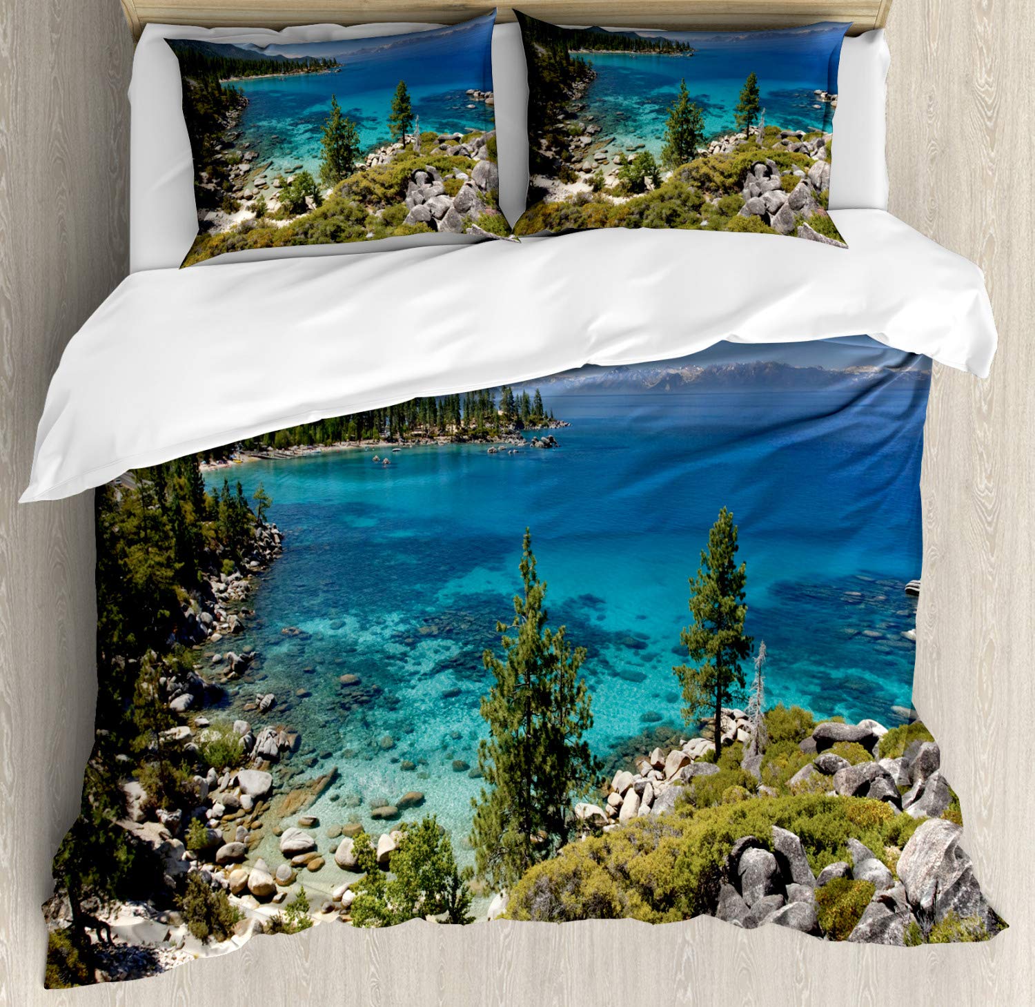 Ambesonne Lake Forest Duvet Cover Set | King Size 3-Piece Bedding with 2 Pillow Shams | Natural Scenery of Lake Tahoe Kayaking & Shore Rocks | Aqua Blue Decorative Comforter Cover | Perfect for Master Bedroom, Guest Room & Vacation Home Decor
