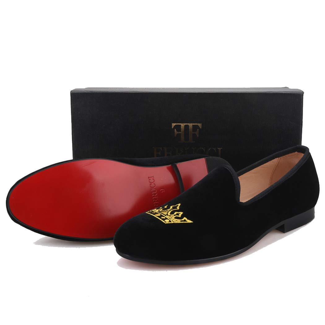 FERUCCI Men's Black Velvet Loafers Slippers with Gold Crown Embellishment - Comfortable House Shoes for Wedding, Prom, and Casual Wear