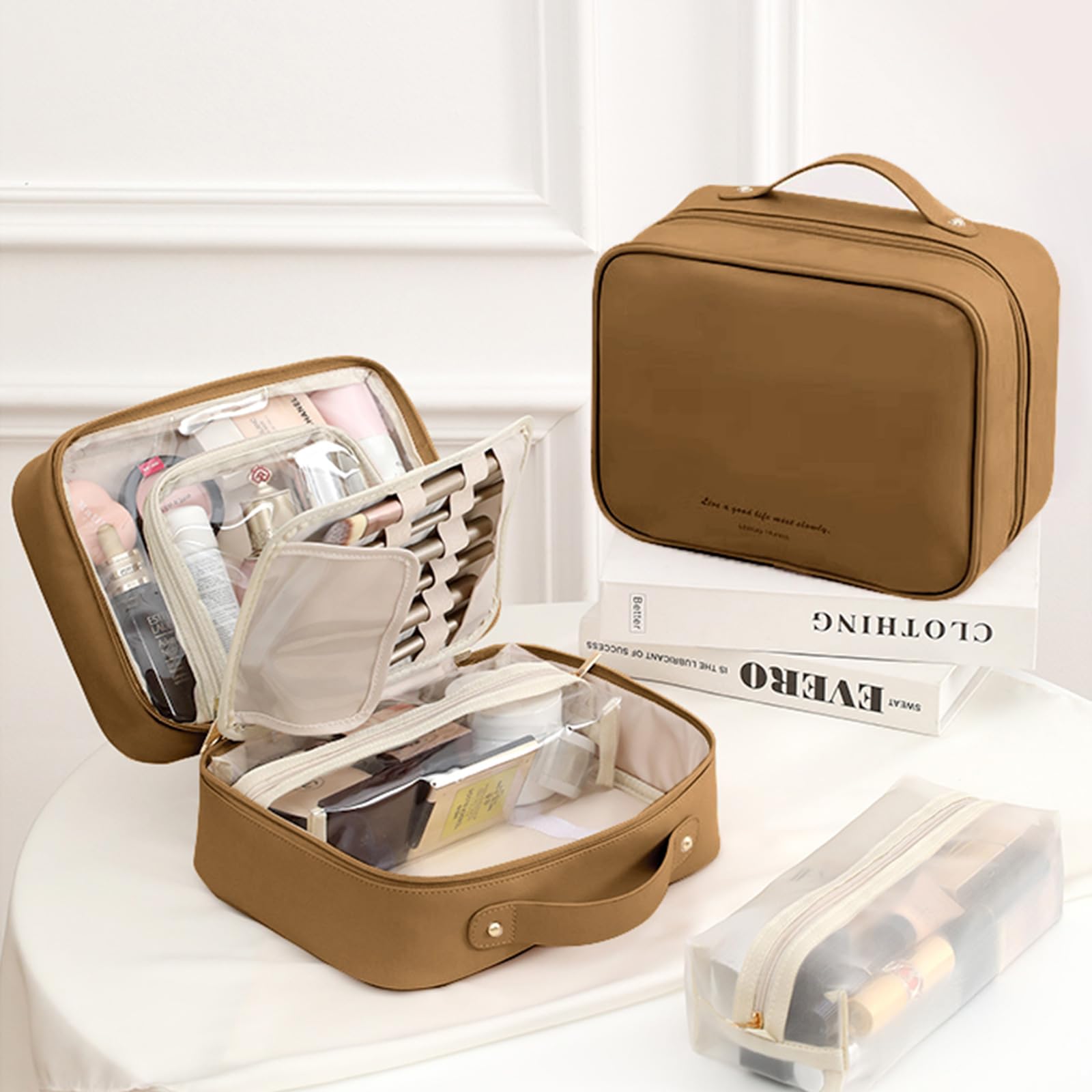 Large Waterproof Leather Travel Makeup Bag with Brush Holder & Handle - Spacious Cosmetic Organizer Toiletry Bag for Women | Perfect for Air Travel, Gym, Vacation & Daily Use - Ideal Gift for Girls (Brown)