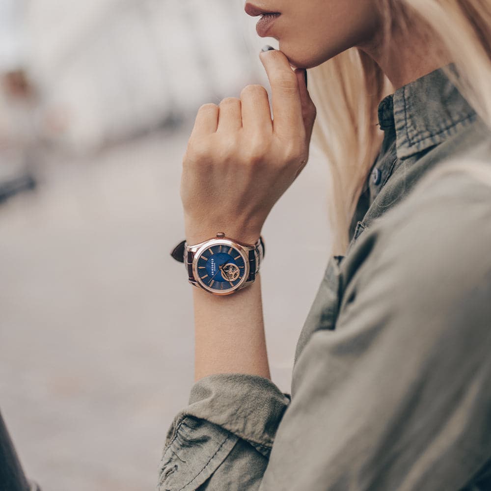 Aries Gold Blue Dial Women's Watch with Brown Leather Strap - L 9023 RG BU - Elegant Timepiece for Office, Party & Everyday Wear