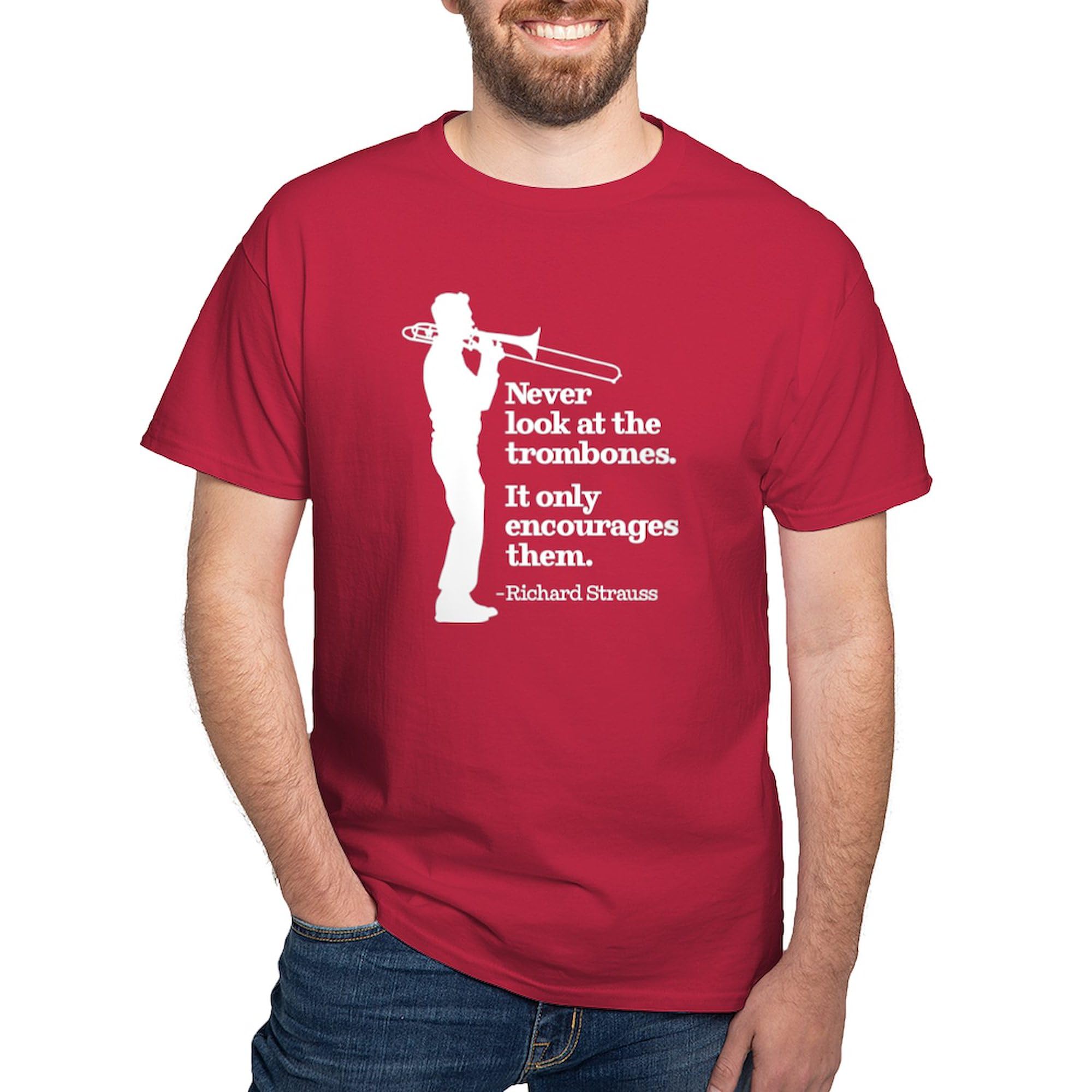 Never Look at The Trombones Graphic Dark T-Shirt for Men | 100% Cotton Classic Tee | Casual Wear, Music Lovers Gift, Band Humor Apparel
