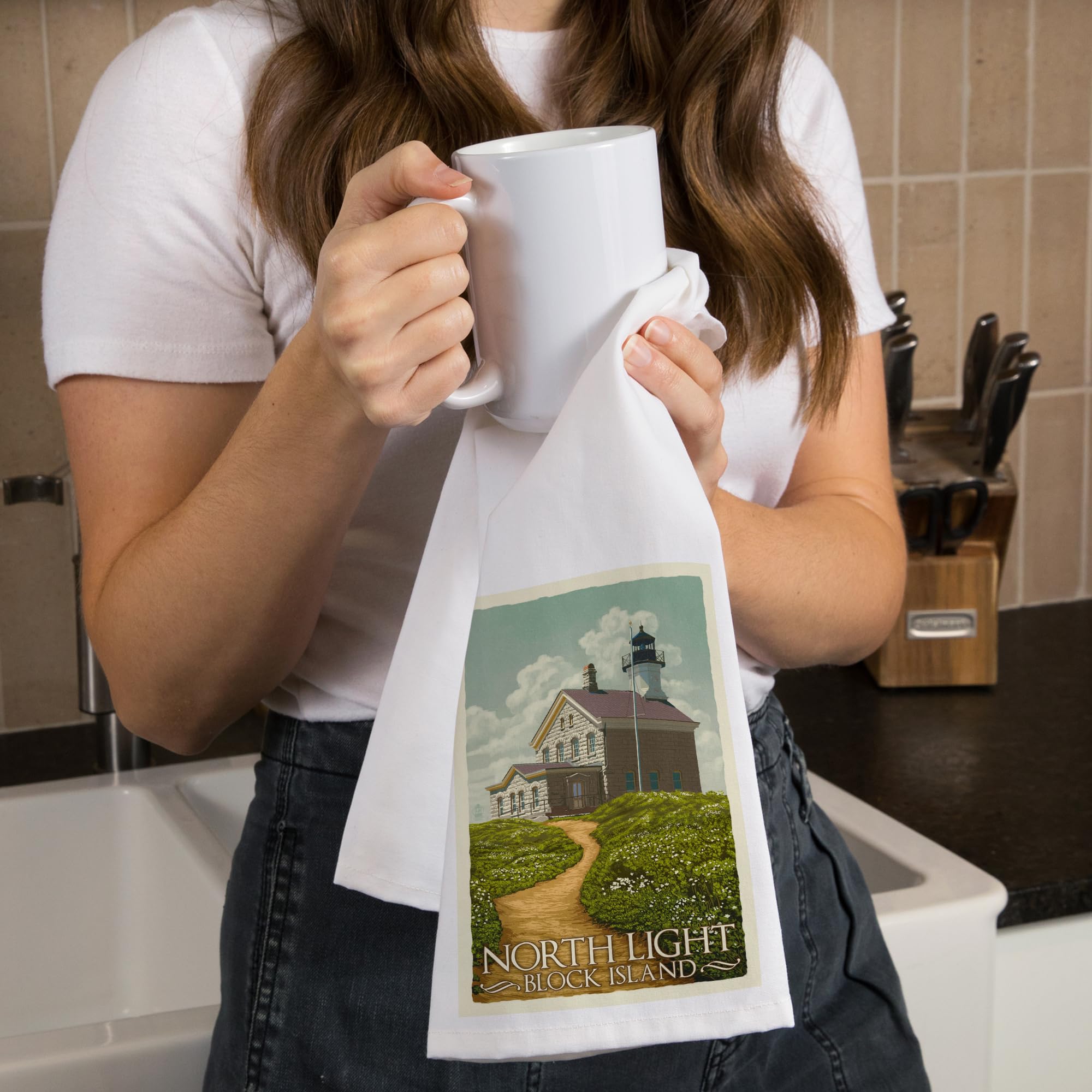 Block Island Rhode Island North Light Letterpress Tea Towel - 100% Cotton Decorative Hand Towel for Kitchen & Home - Perfect for Dish Drying, Gift Giving & Farmhouse Decor