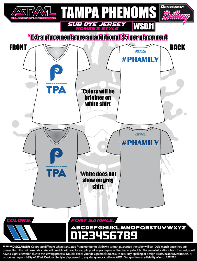 Tampa Phenoms Women's V-Neck Sublimated Jersey - Breathable & Comfortable Sports Apparel for Softball, Baseball, and Fan Wear