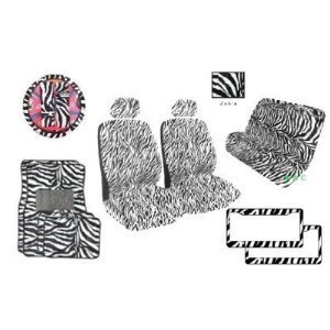 17-Piece White Zebra Print Car Seat Covers Set with Floor Mats & License Plate Frames - Universal Fit for SUV, Sedan, Truck | Waterproof & Anti-Slip Interior Accessories for Road Trips & Daily Commute