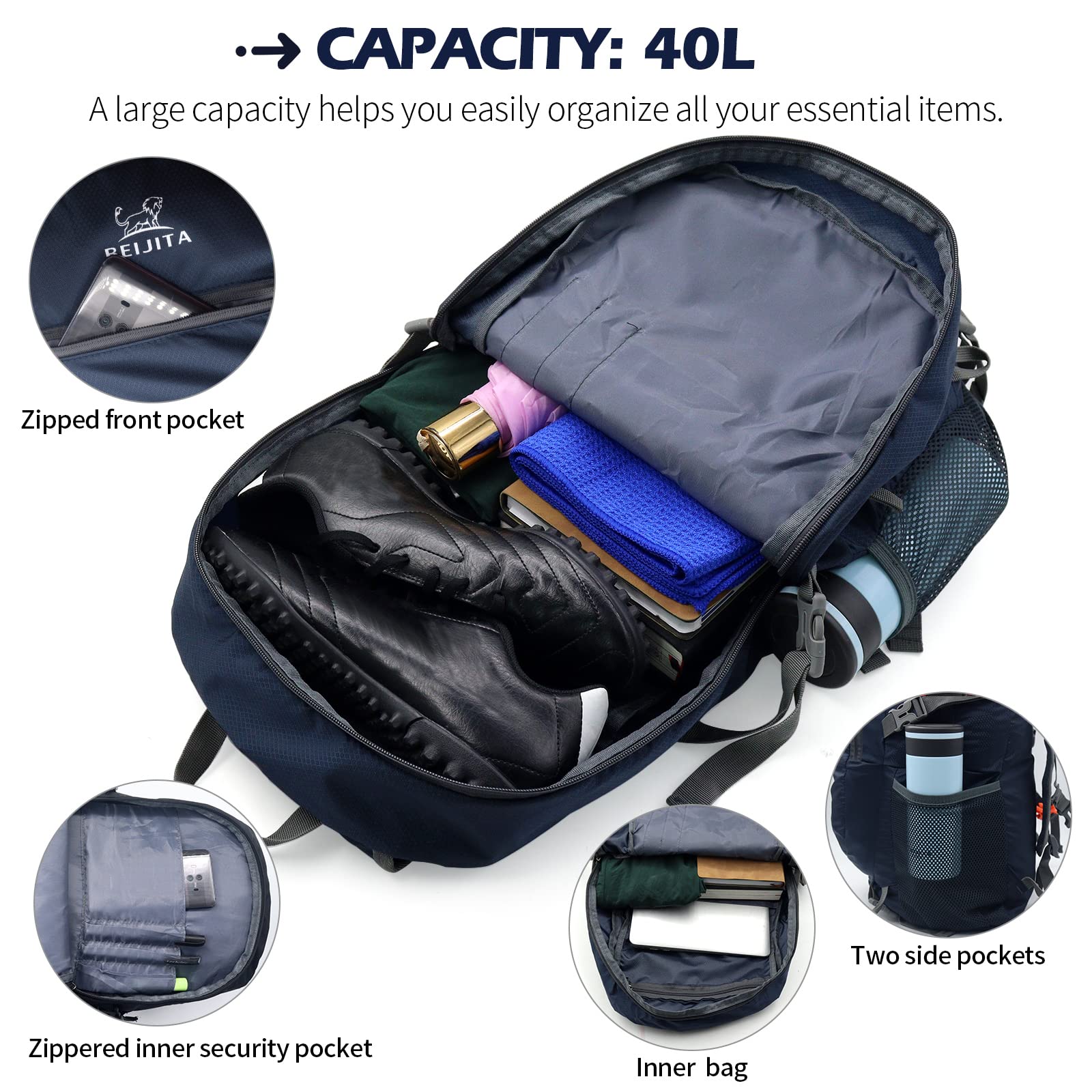 40L Lightweight Hiking Backpack - Durable Waterproof Foldable Daypack for Men & Women | Perfect for Camping, Travel & Outdoor Adventures (Blue)