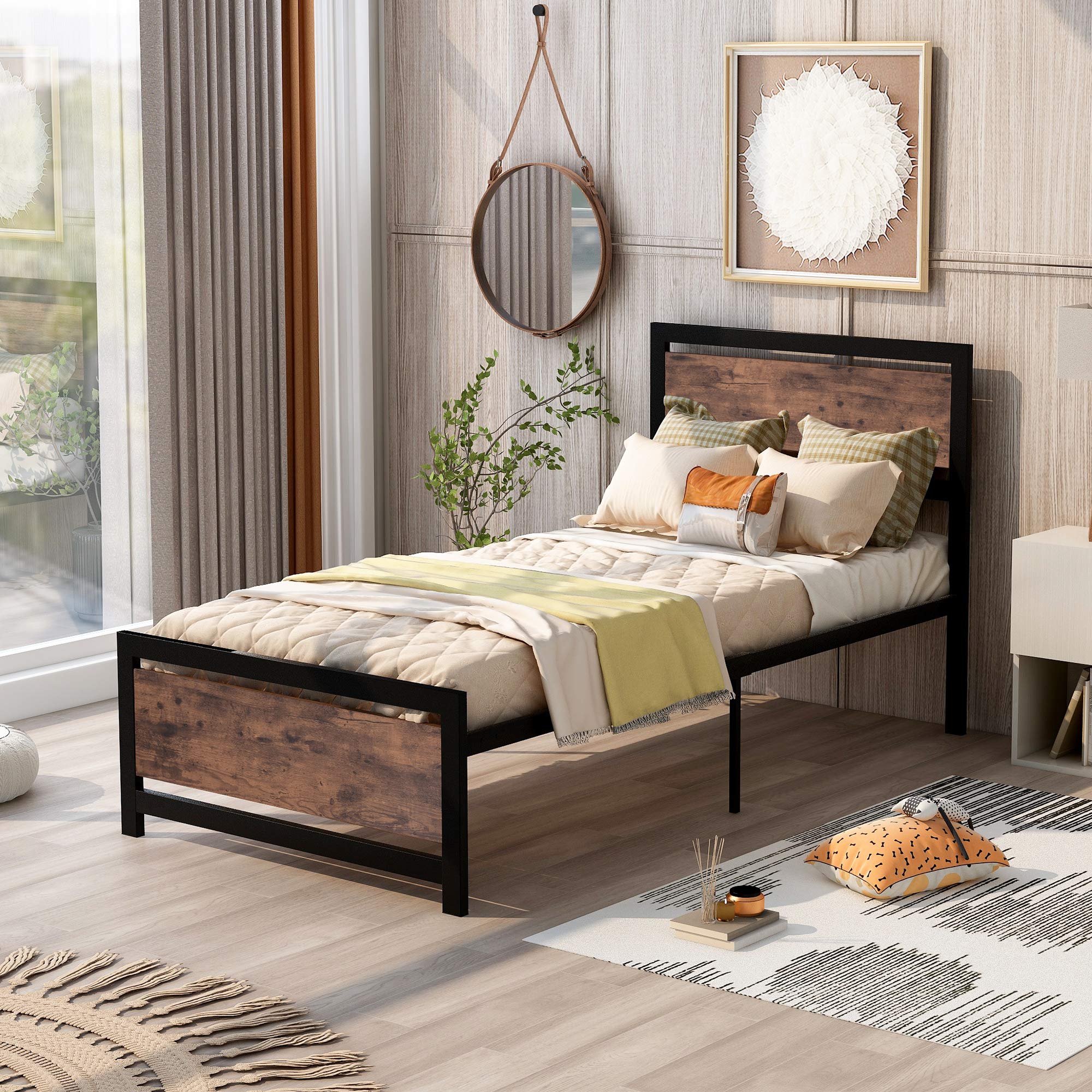 Twin Size Wooden Headboard Metal Platform Bed Frame with Sturdy Slats - No Box Spring Needed - Black - Perfect for Kids' Rooms, Guest Beds & Small Spaces