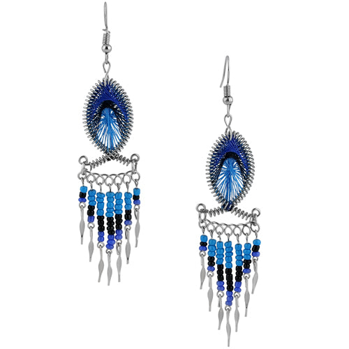 Handmade Stainless Steel Peruvian Pink & Blue Silk Thread Beaded Fish Dangle Earrings | Boho Chic Jewelry for Women | Perfect for Festivals, Parties & Beach Vacations