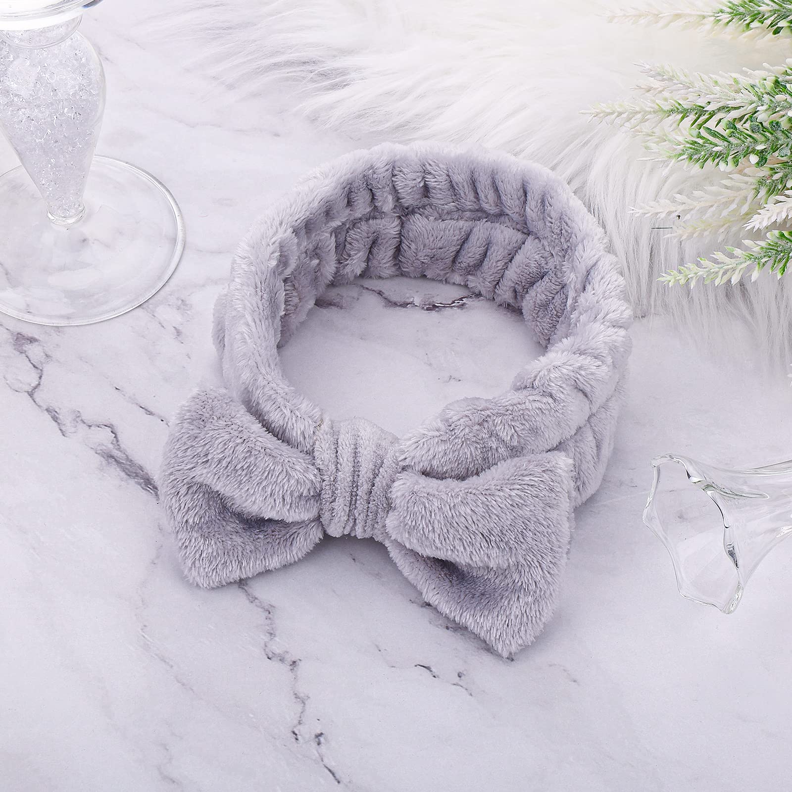 Molain Spa Headband for Women - Soft Coral Fleece Elastic Hair Band with Bowknot Design, Perfect for Washing Face, Shower, Skincare & Sports | Grey Beauty Accessory