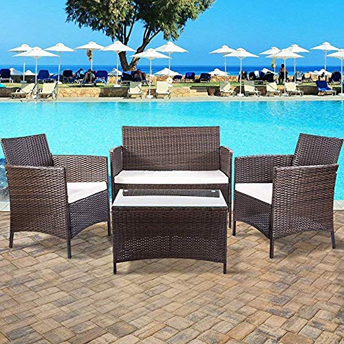 4-Piece Outdoor PE Rattan Patio Furniture Set with Cushions & Glass Coffee Table - Garden, Yard, Poolside, Backyard Sofa Seating Group for Relaxing & Entertaining