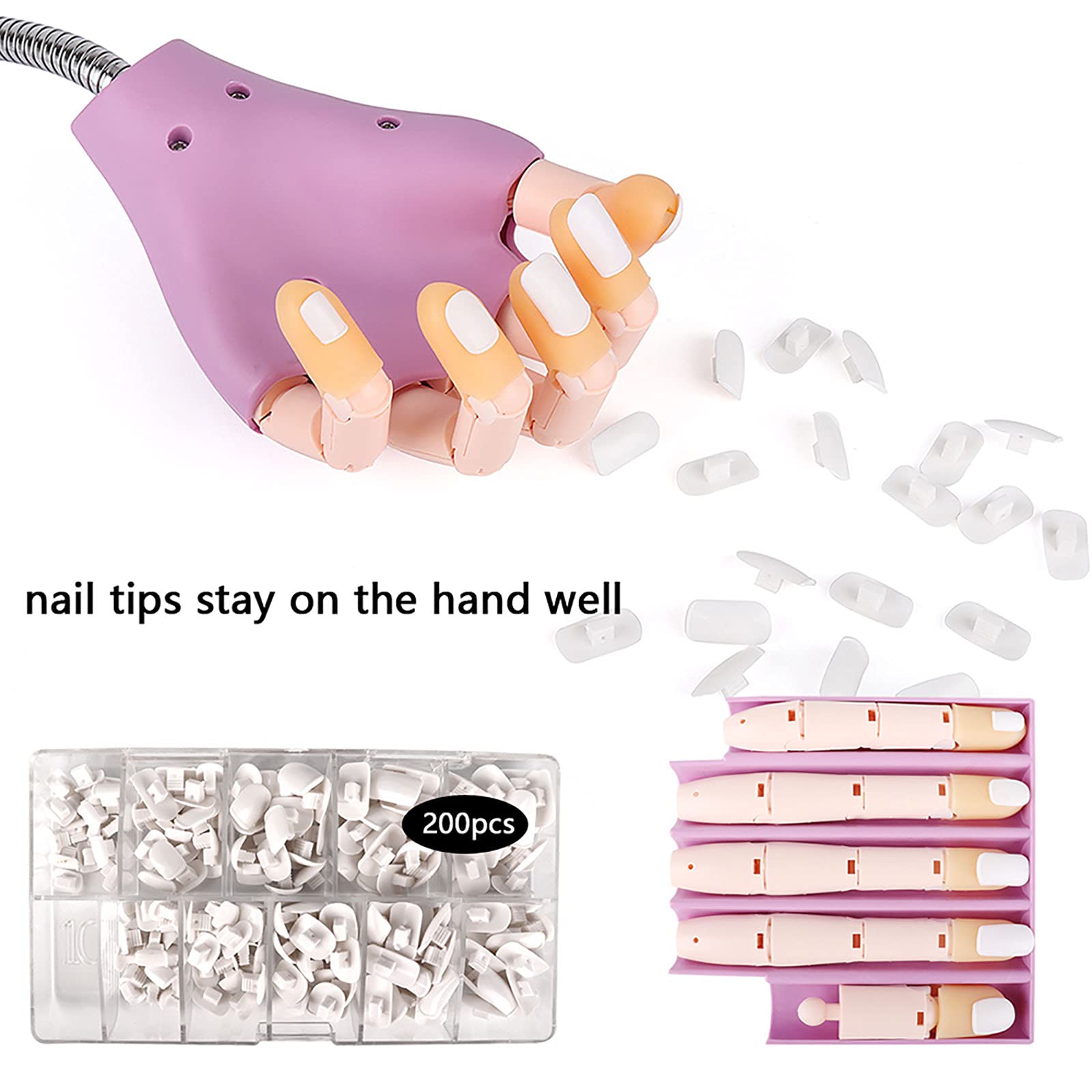 Professional Manicure Practice Hand Kit - Flexible Reusable Bendable Finger Model with 200 Nail Tips, Nail File & Brush - Perfect for Nail Tech Training, Salon Practice & DIY Nail Art at Home