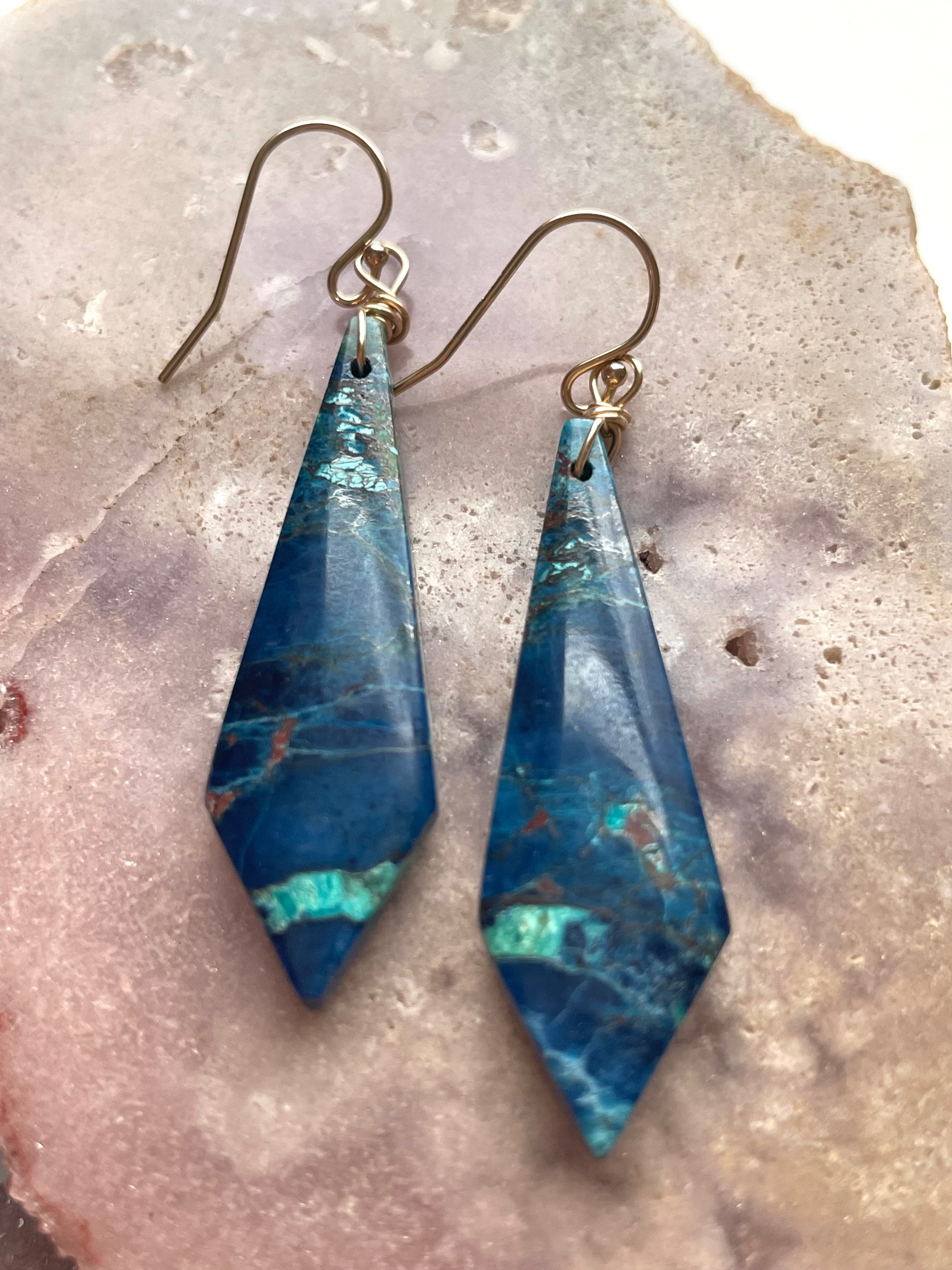 Chrysocolla Gold-Filled Statement Crystal Gemstone Earrings for Women | Elegant Dangle Drop Earrings for Party, Wedding & Evening Wear