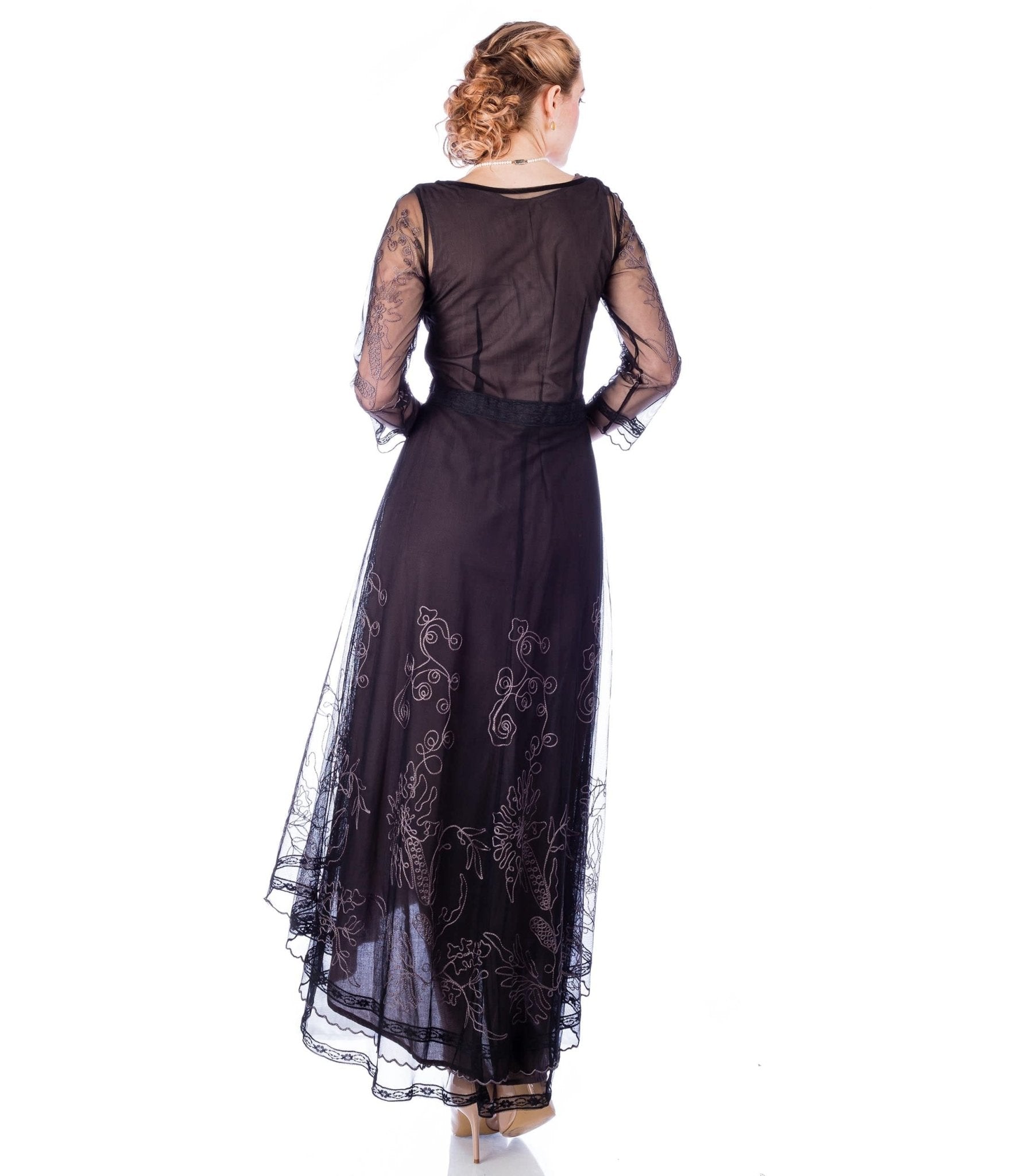 Nataya Black Embroidered Tulle Downton Abbey Edwardian Tea Party Dress - Vintage Inspired Formal Gown for Costume Parties, Weddings & Special Occasions