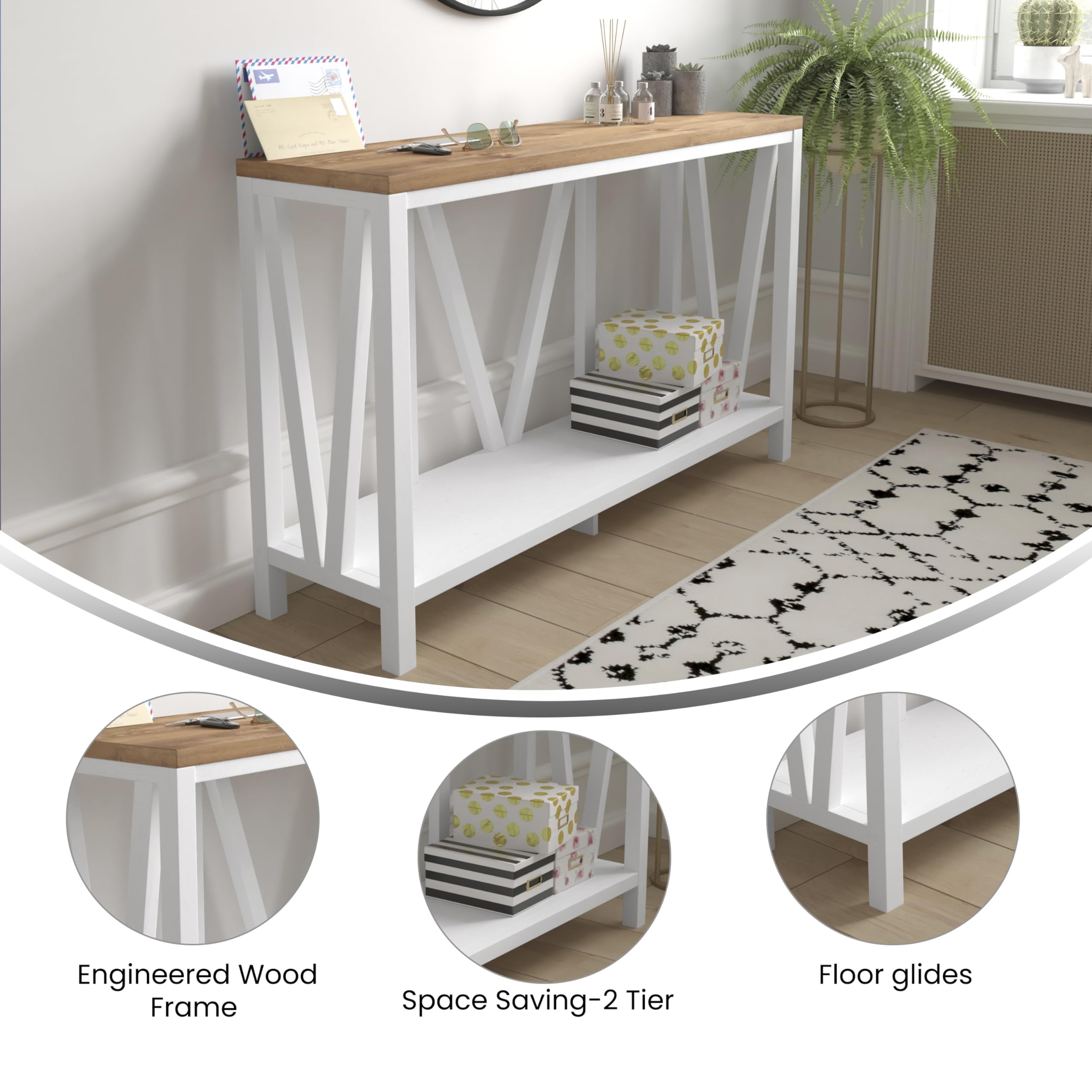 EMMA + OLIVER Owen Sofa Table - Modern Farmhouse Console Table with Rustic Oak Top & White Engineered Wood Base - Protective Floor Glides for Living Room, Entryway & Home Office Decor