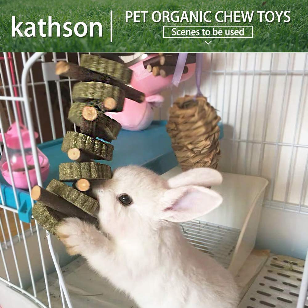 Organic Bunny Chew Toys for Teeth Grinding - 3PC Natural Fruitwood Sticks & Alfalfa Cakes for Rabbits, Guinea Pigs, Hamsters & Chinchillas | Small Pet Dental Care & Stress Relief Toys for Cage Enrichment