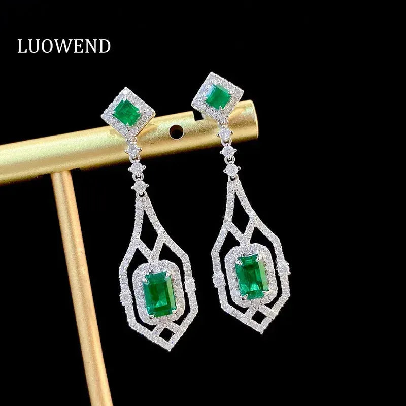 18K White Gold Emerald and Diamond Earrings for Women - Luxury Elegant Gemstone Jewelry Gift for Birthday, Anniversary, Wedding & Senior Banquet