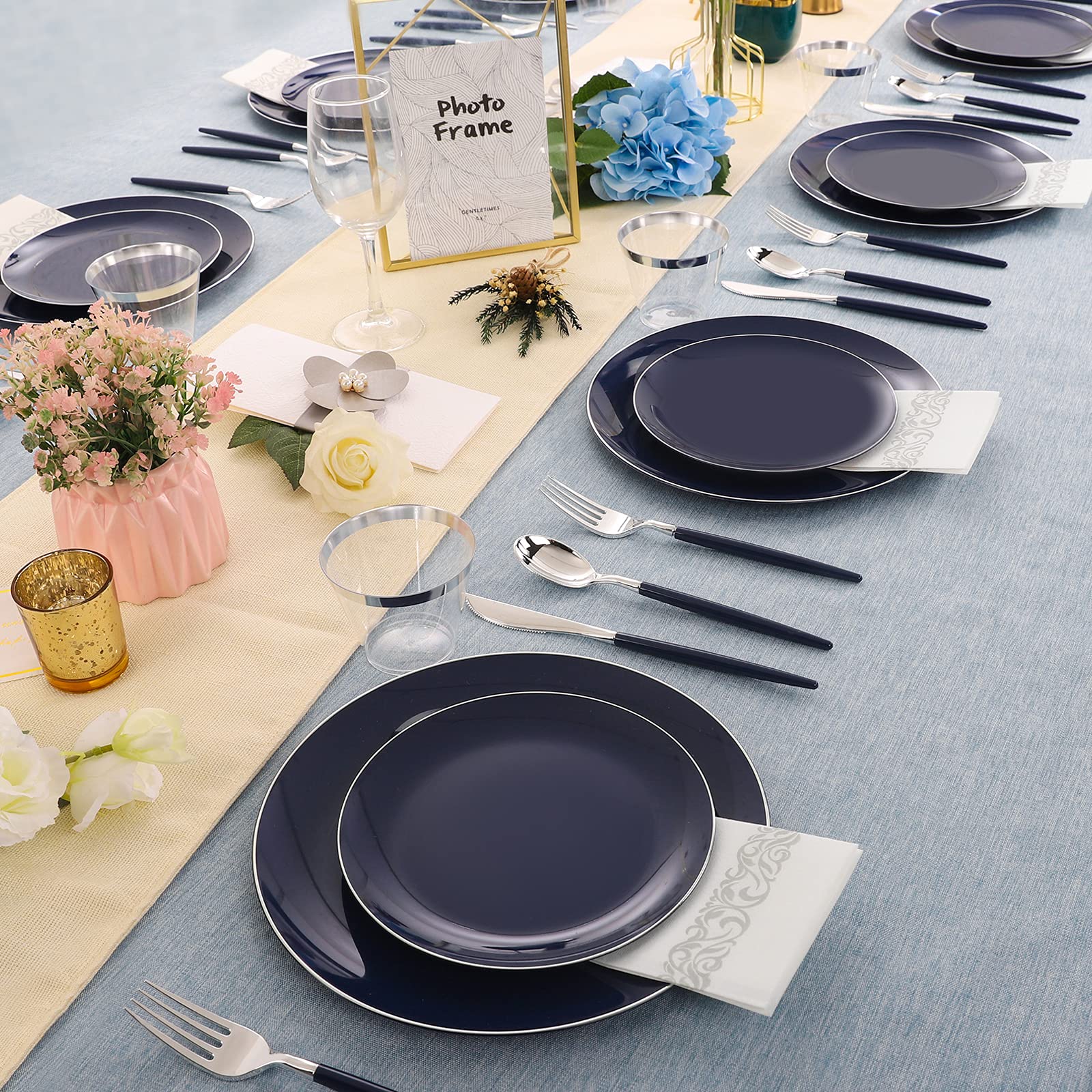 KIRE 175-Piece Blue Plastic Dinnerware Set with Silver Rim - Disposable Plates, Silverware, Cups & Napkins for 4th of July Party, BBQ, Picnic & Outdoor Events